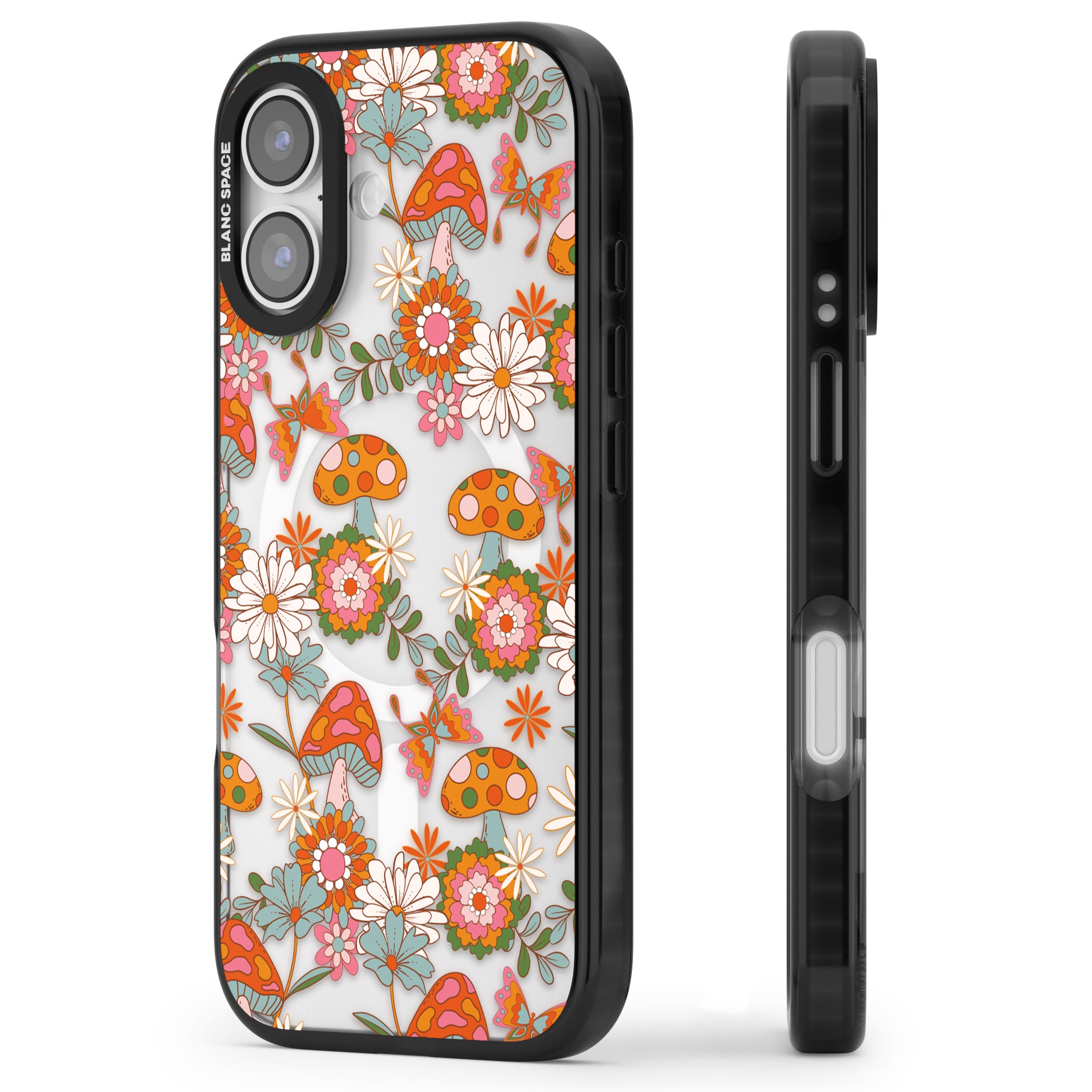Groovy Shrooms & Flowers iPhone 17 Impact Pro Black Phone Case Side Profile