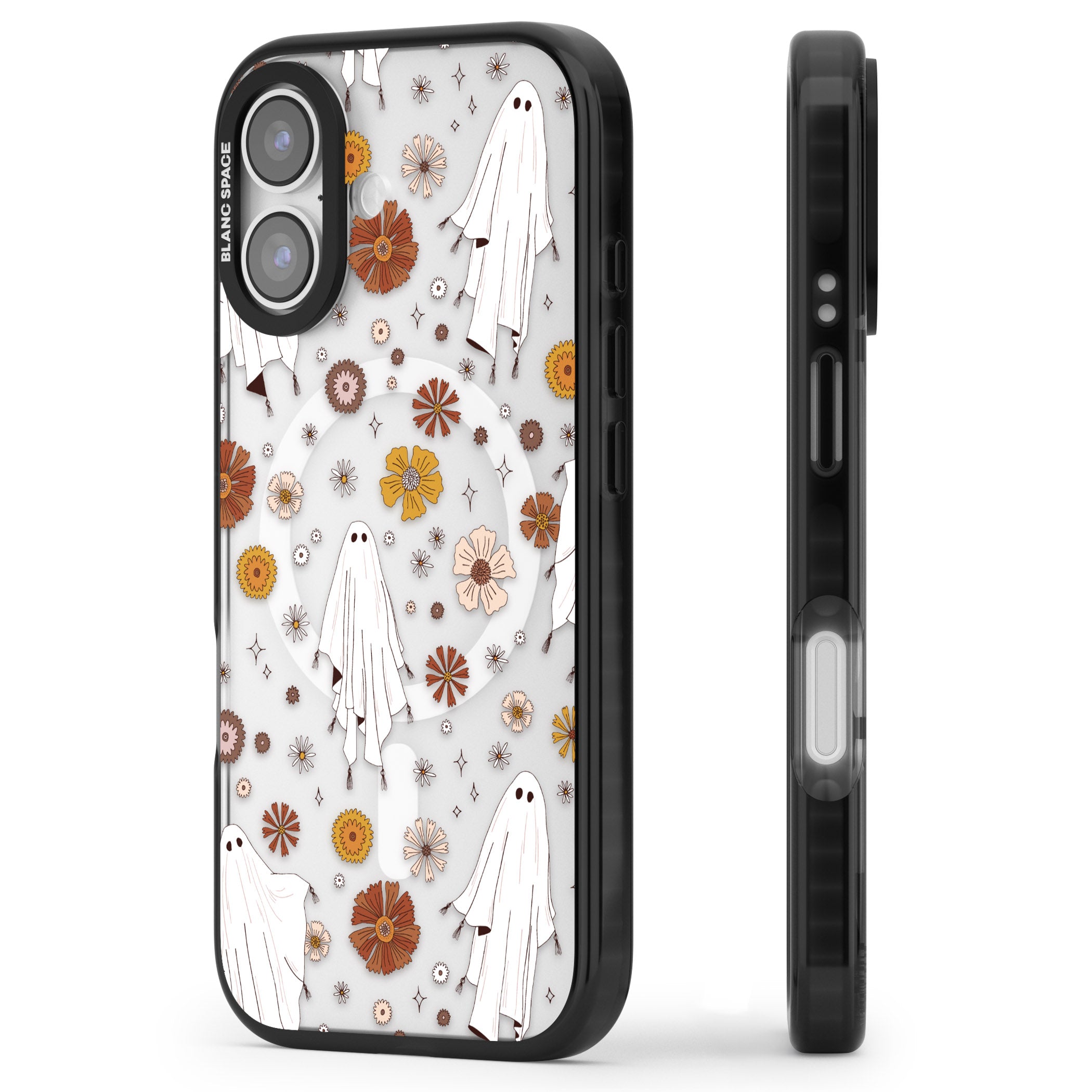 Halloween Ghosts And Flowers iPhone 17 Impact Pro Black Phone Case Side Profile
