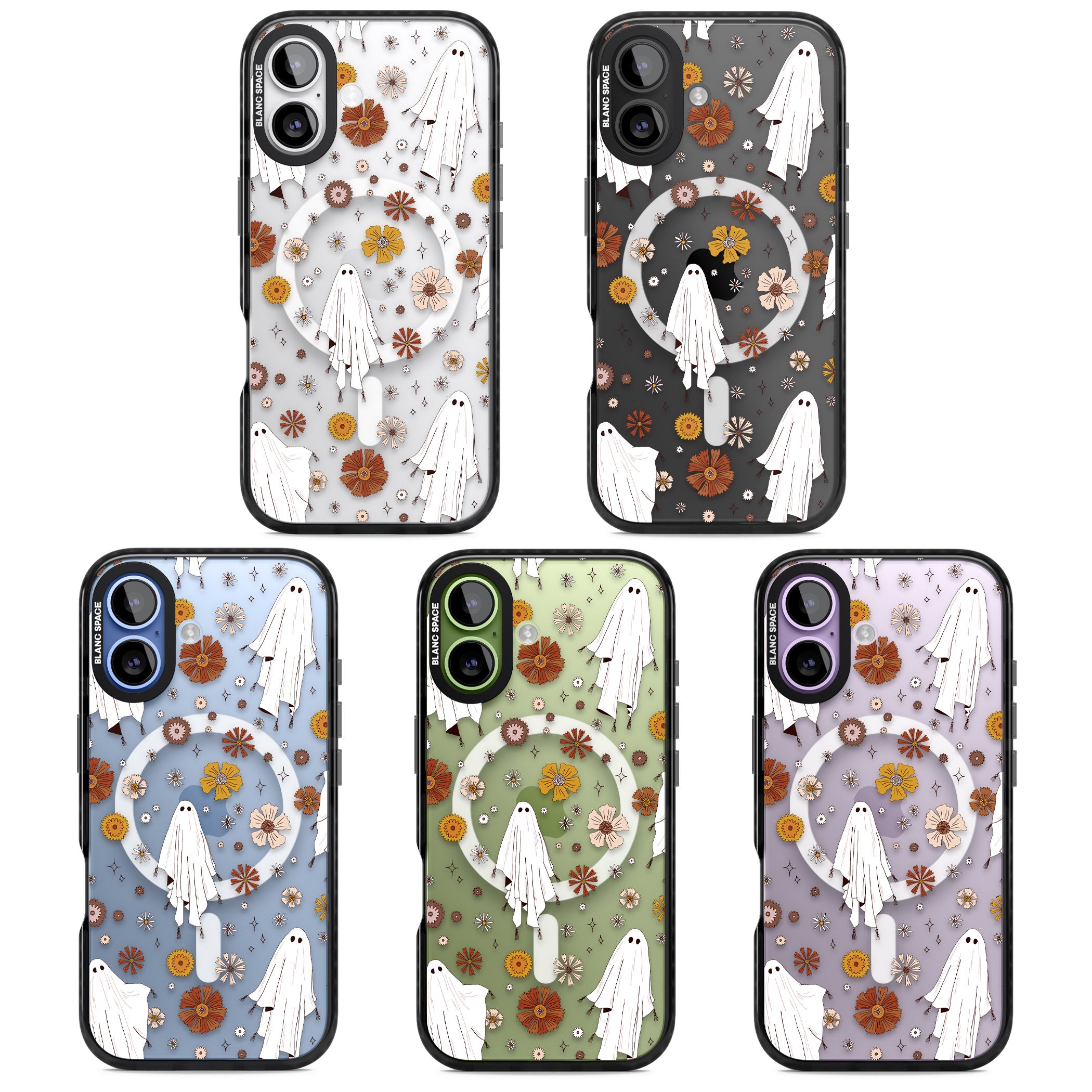 Halloween Ghosts And Flowers iPhone 17 Impact Pro Black Phone Case APT Impact Protection