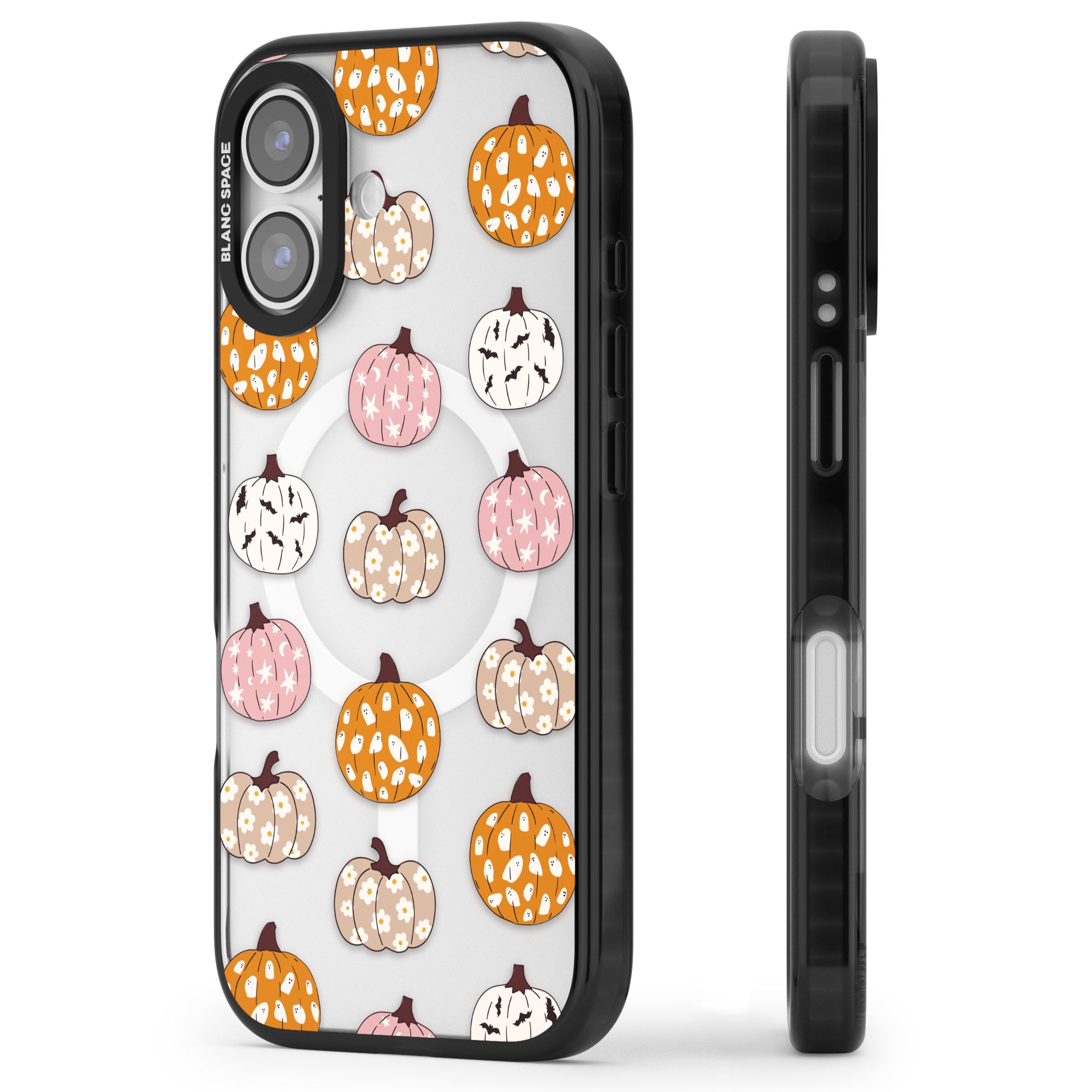 Floral Pumpkins iPhone 17 Impact Pro Black Phone Case Side Profile