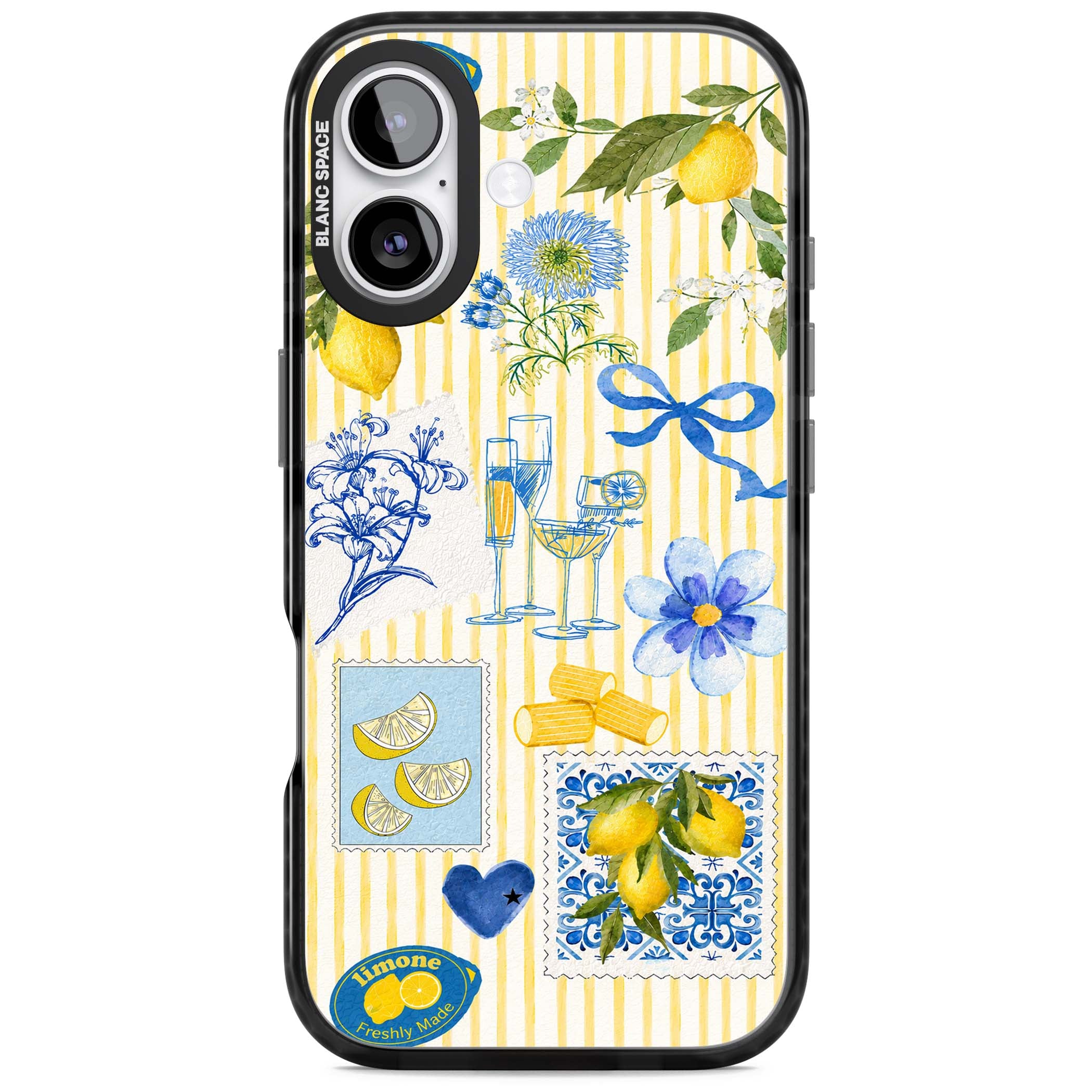Limone Riviera Italian summer iPhone case featuring watercolour lemons, blue ribbon bows and majolica tile stamps on... | Black Impact Magsafe case for iPhone 17