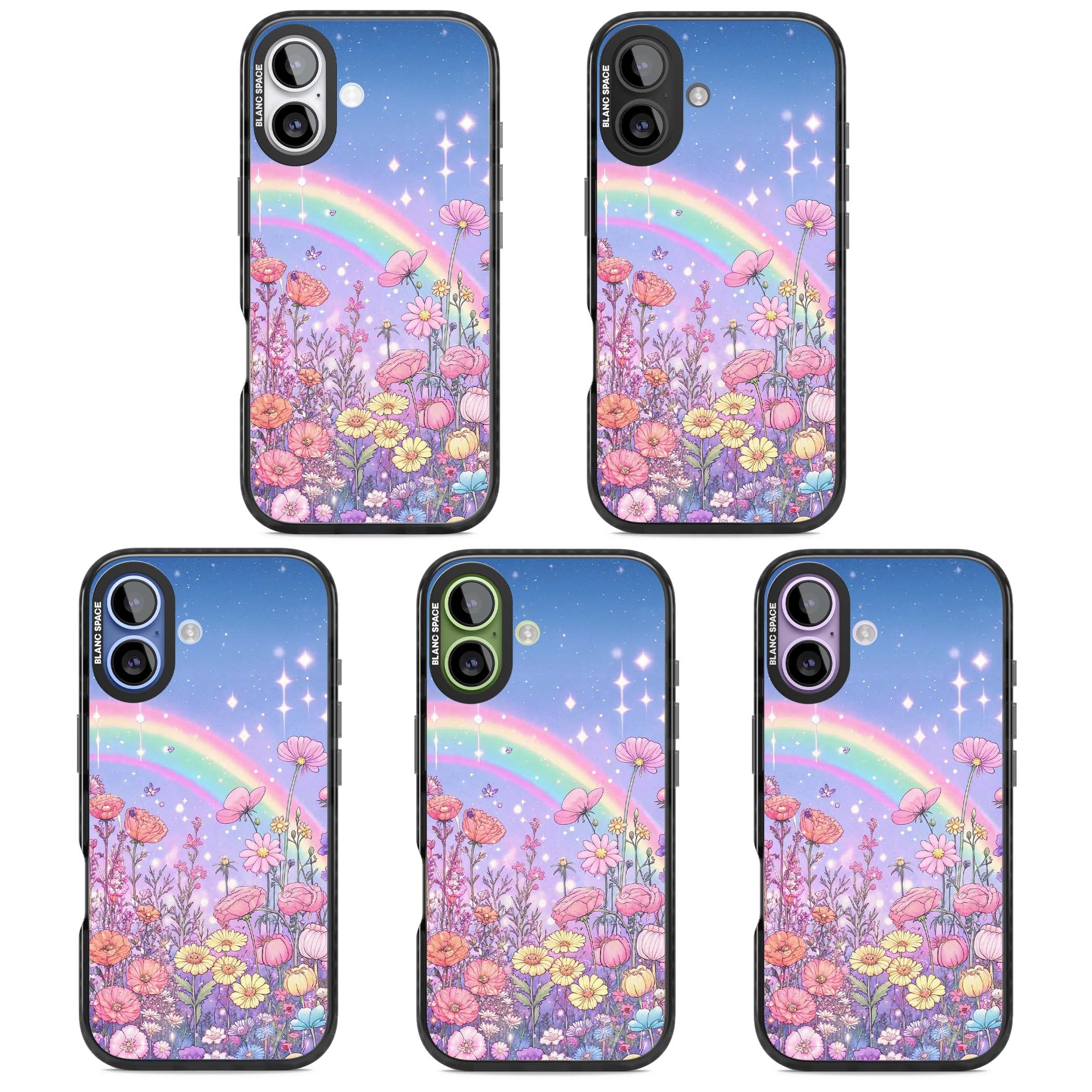 Magical Meadow fairycore iPhone case featuring a pastel rainbow, sparkling stars and a wildflower meadow | Black Impact Magsafe case for iPhone 17