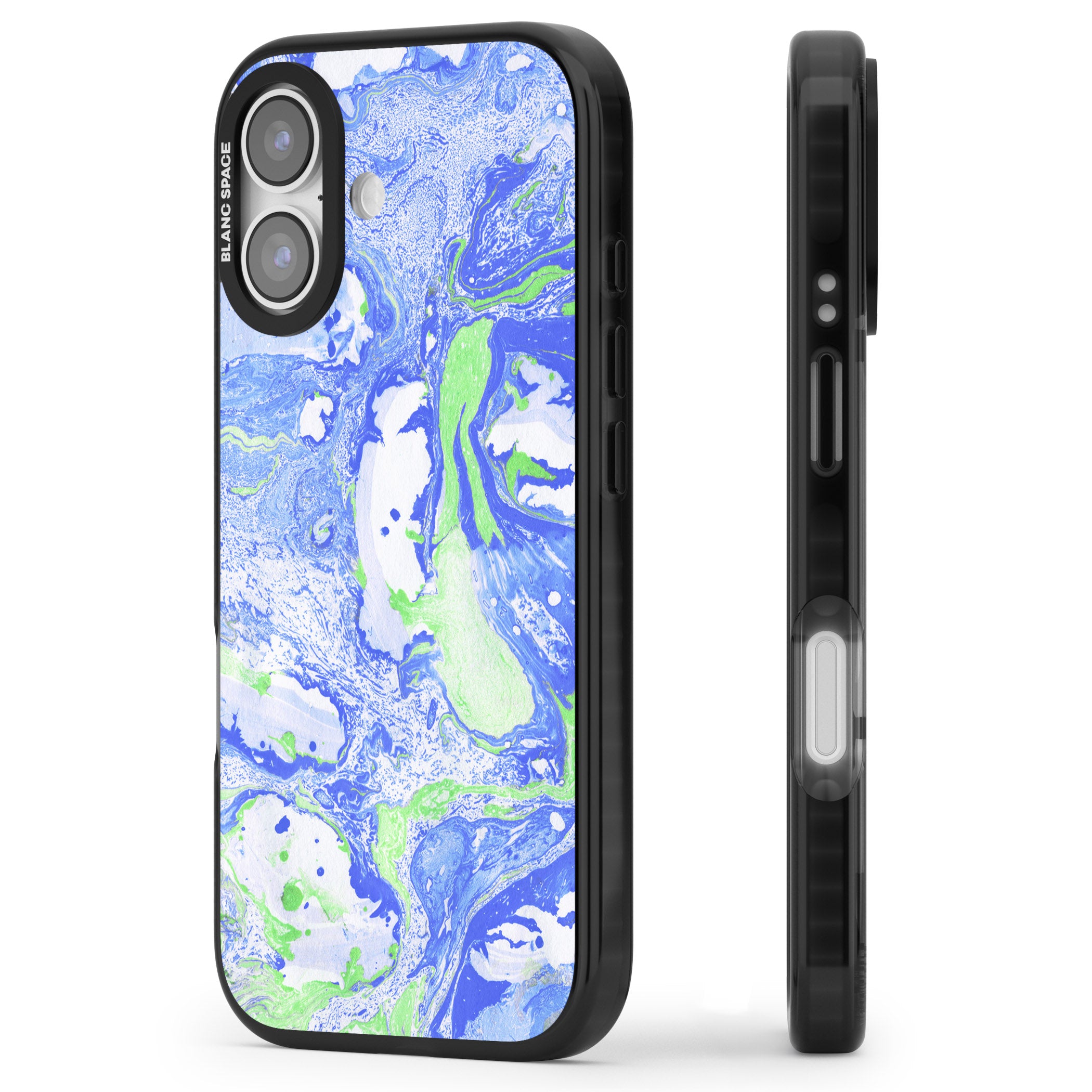 Dark Blue & Green Marbled Paper Pattern iPhone 17 Impact Pro Black Phone Case Side Profile