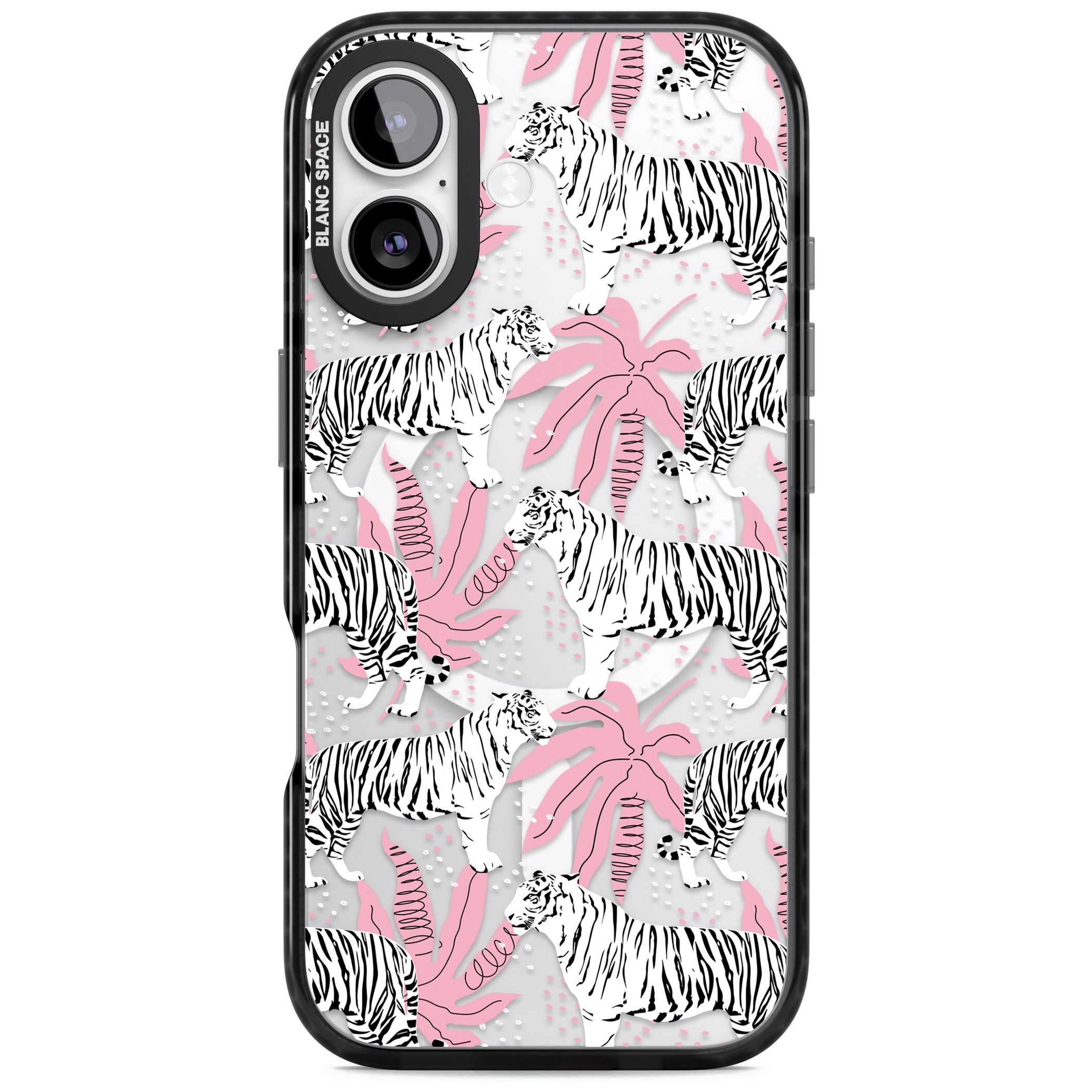 Pink & White Tropical Tigers iPhone 17 Impact Pro Black Phone Case
