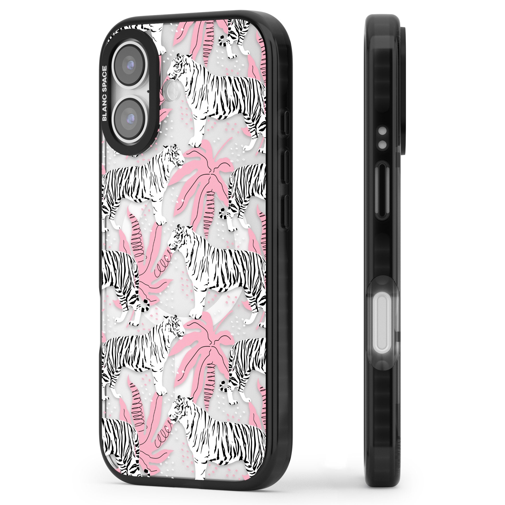 Pink & White Tropical Tigers iPhone 17 Impact Pro Black Phone Case Side Profile