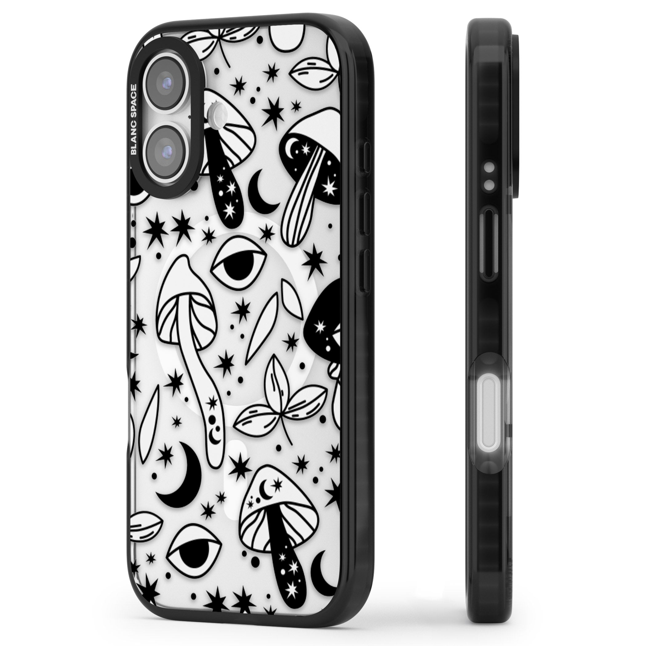 Mystic Mushrooms Pattern iPhone 17 Impact Pro Black Phone Case Side Profile