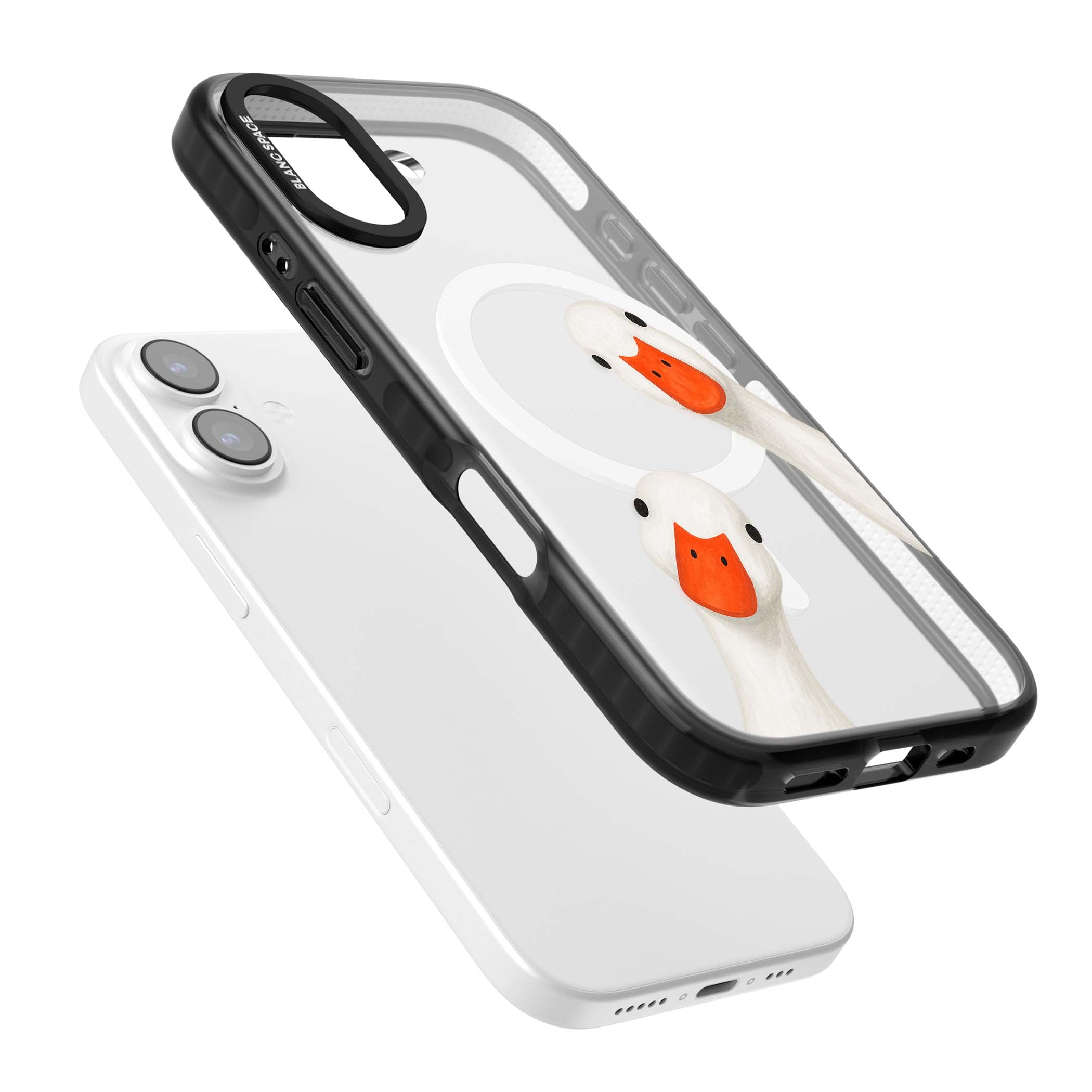 Nosy Ducks cottagecore iPhone case featuring two peeking white ducks with orange beaks on a clear background | Black Impact Magsafe case for iPhone 17