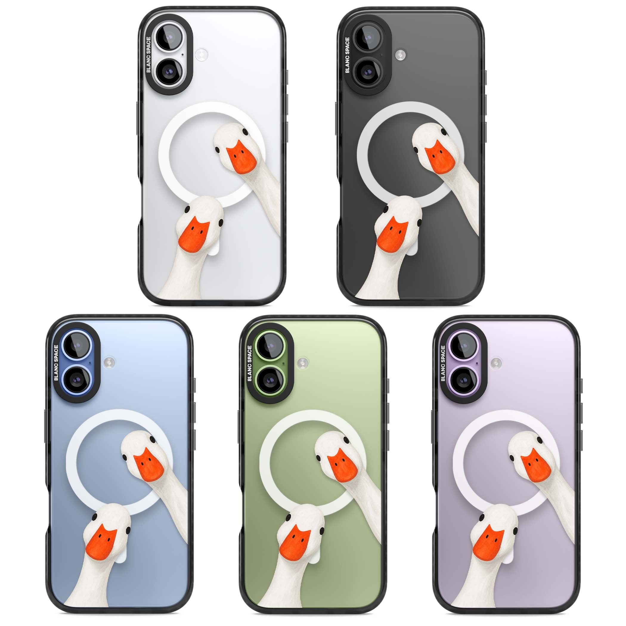 Nosy Ducks cottagecore iPhone case featuring two peeking white ducks with orange beaks on a clear background | Black Impact Magsafe case for iPhone 17