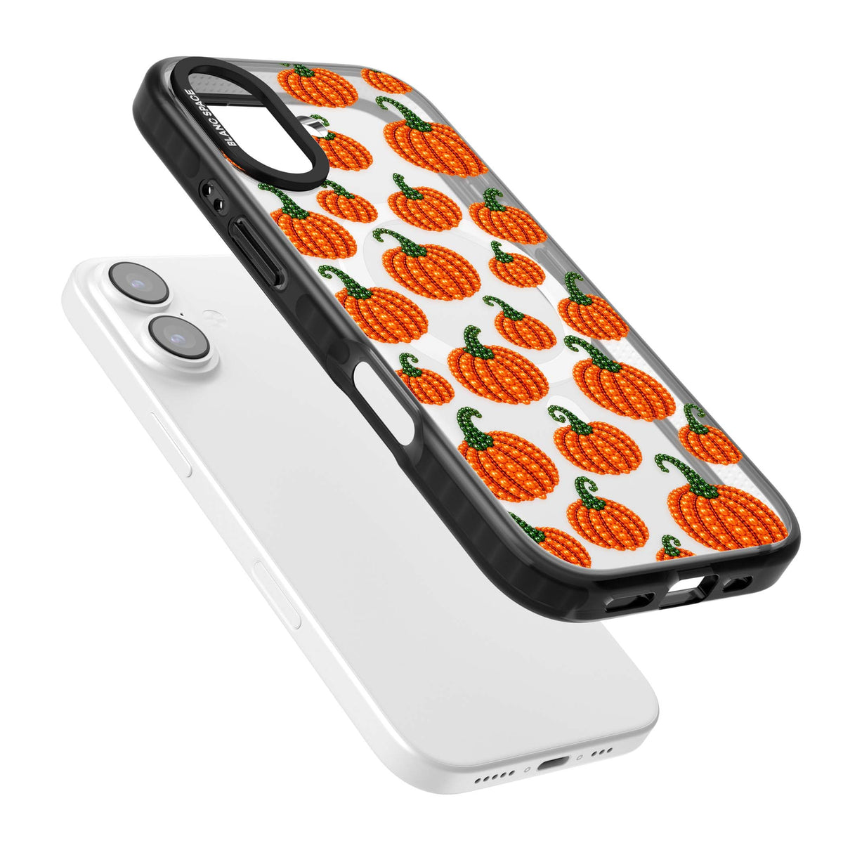 Beaded Pumpkins halloween iPhone case featuring beaded orange pumpkins with green stems on a clear background | Black Impact Magsafe case for iPhone 17