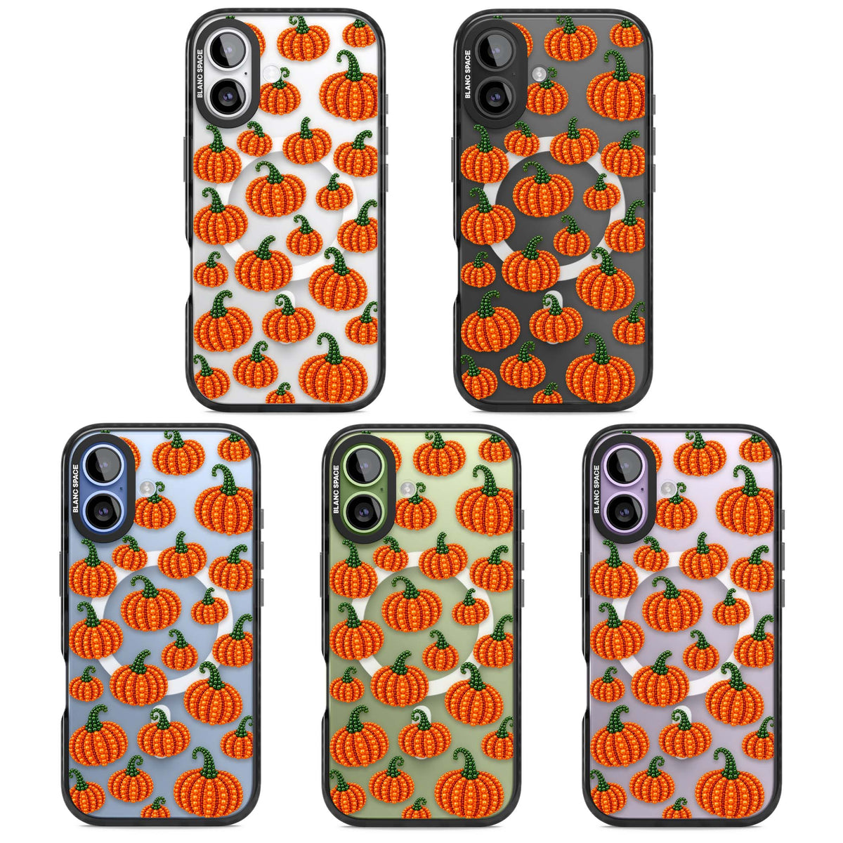 Beaded Pumpkins halloween iPhone case featuring beaded orange pumpkins with green stems on a clear background | Black Impact Magsafe case for iPhone 17