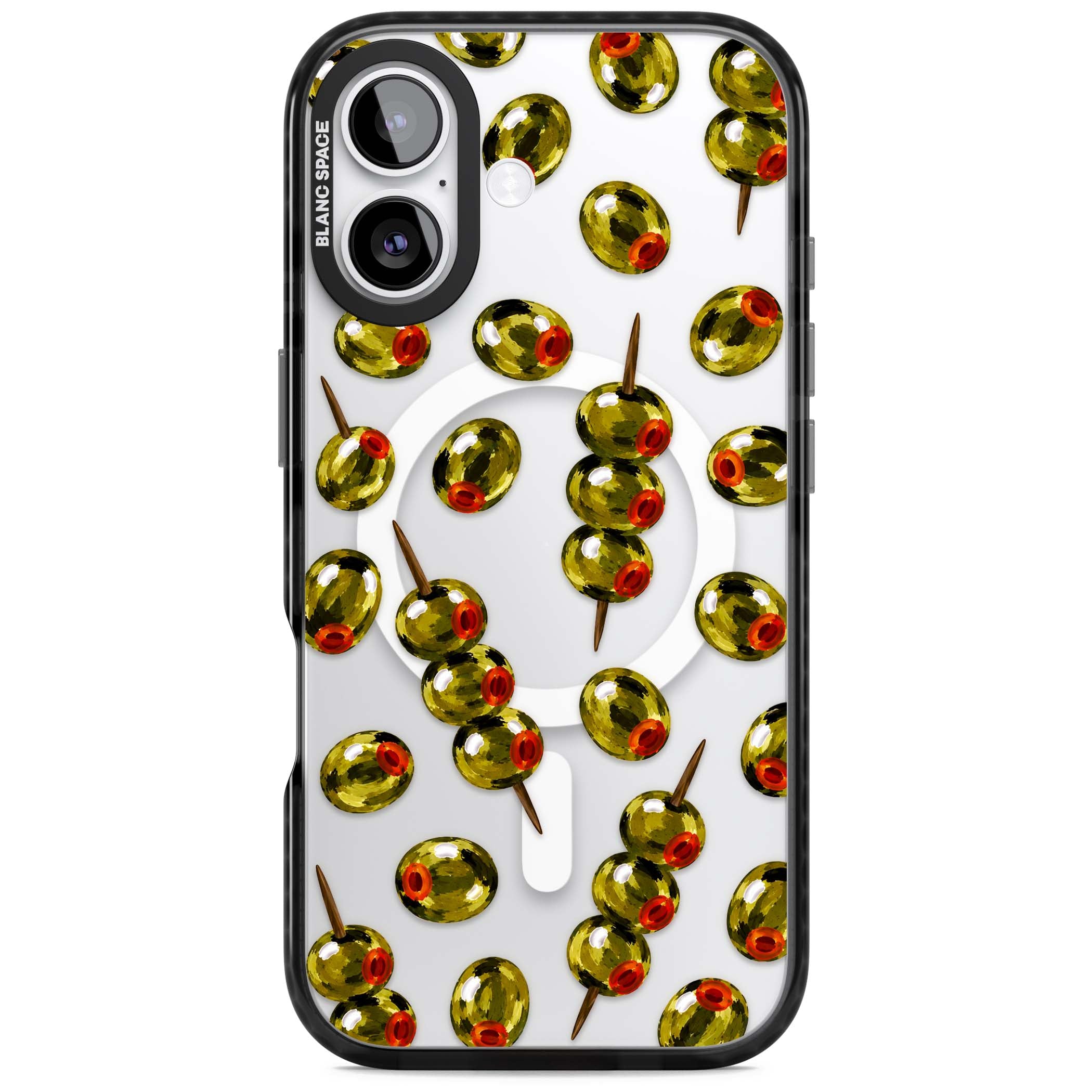 Painted Olives cocktail iPhone case featuring green olives, pimento centres and toothpick skewers on a clear background | Black Impact Magsafe case for iPhone 17