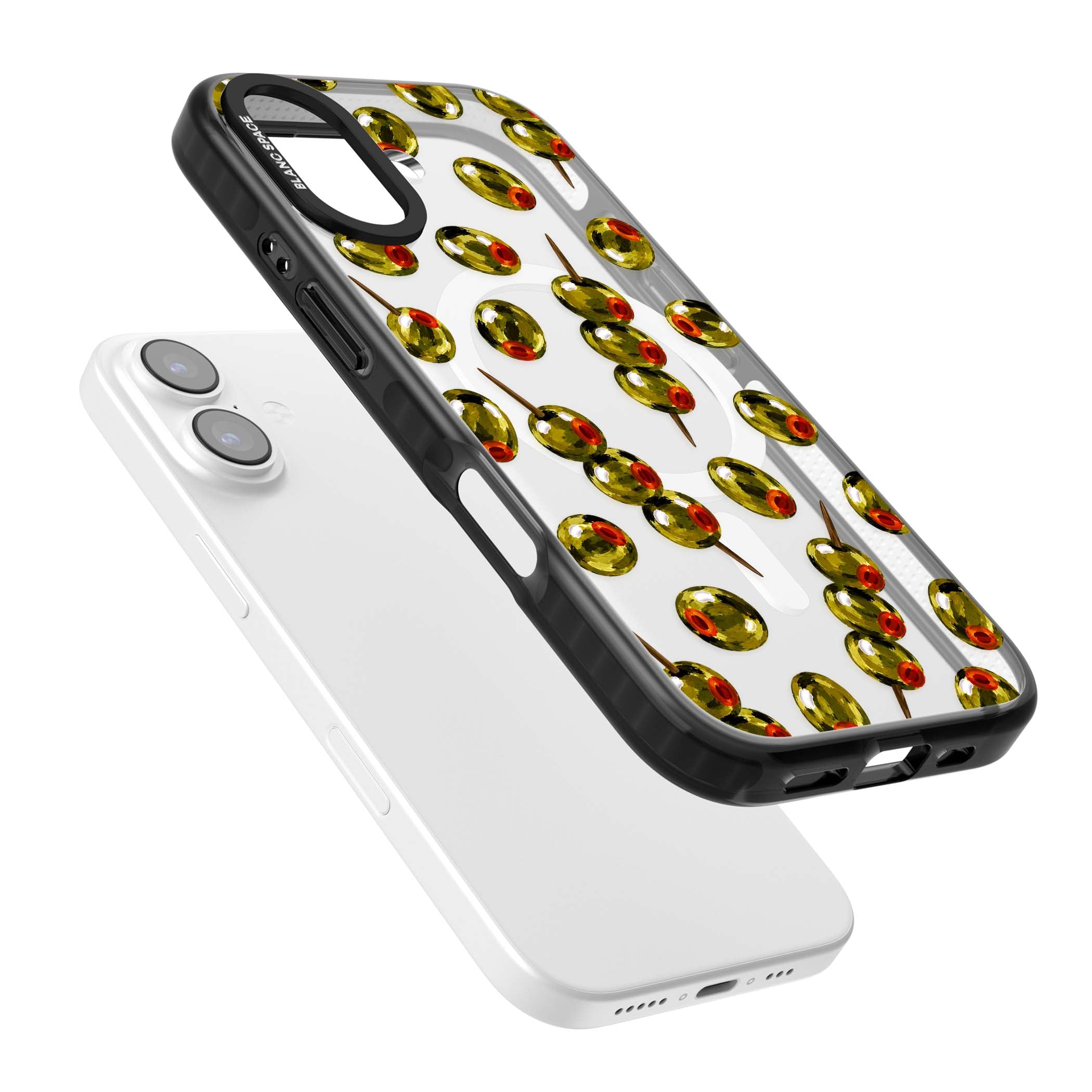 Painted Olives cocktail iPhone case featuring green olives, pimento centres and toothpick skewers on a clear background | Black Impact Magsafe case for iPhone 17