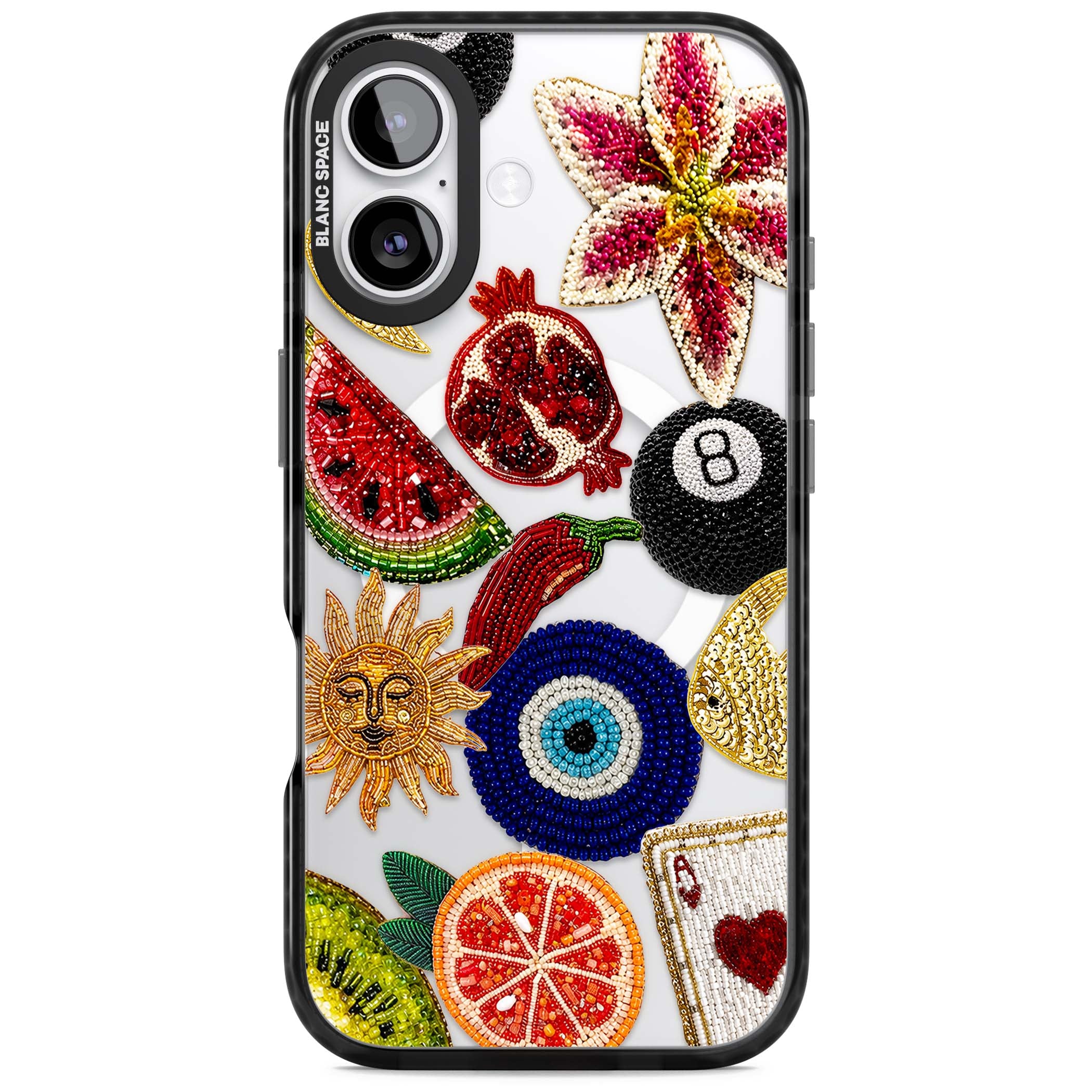 Beaded Charms embroidery iPhone case featuring beaded evil eye, fruit patches and a golden sun motif | Black Impact Magsafe case for iPhone 17