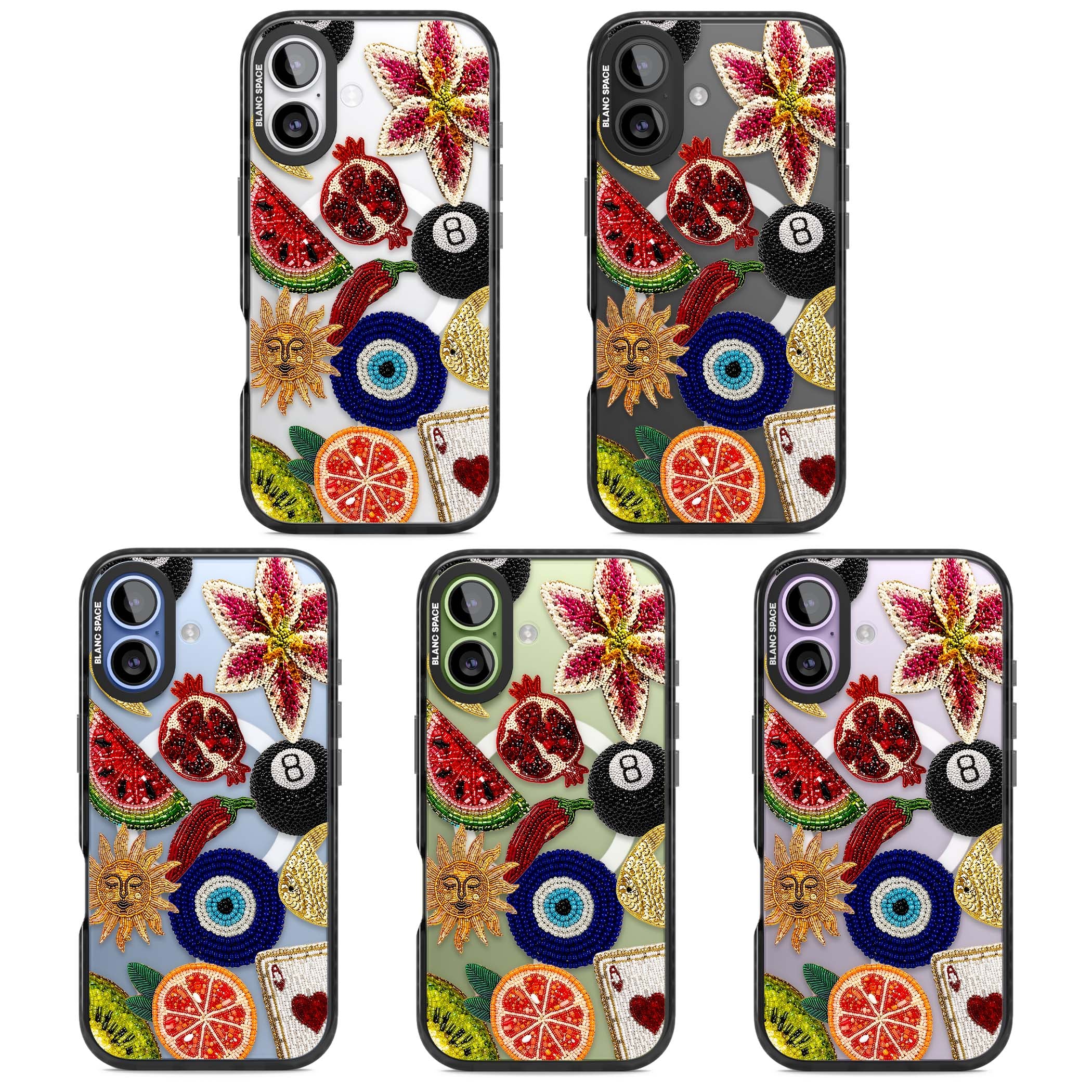Beaded Charms embroidery iPhone case featuring beaded evil eye, fruit patches and a golden sun motif | Black Impact Magsafe case for iPhone 17