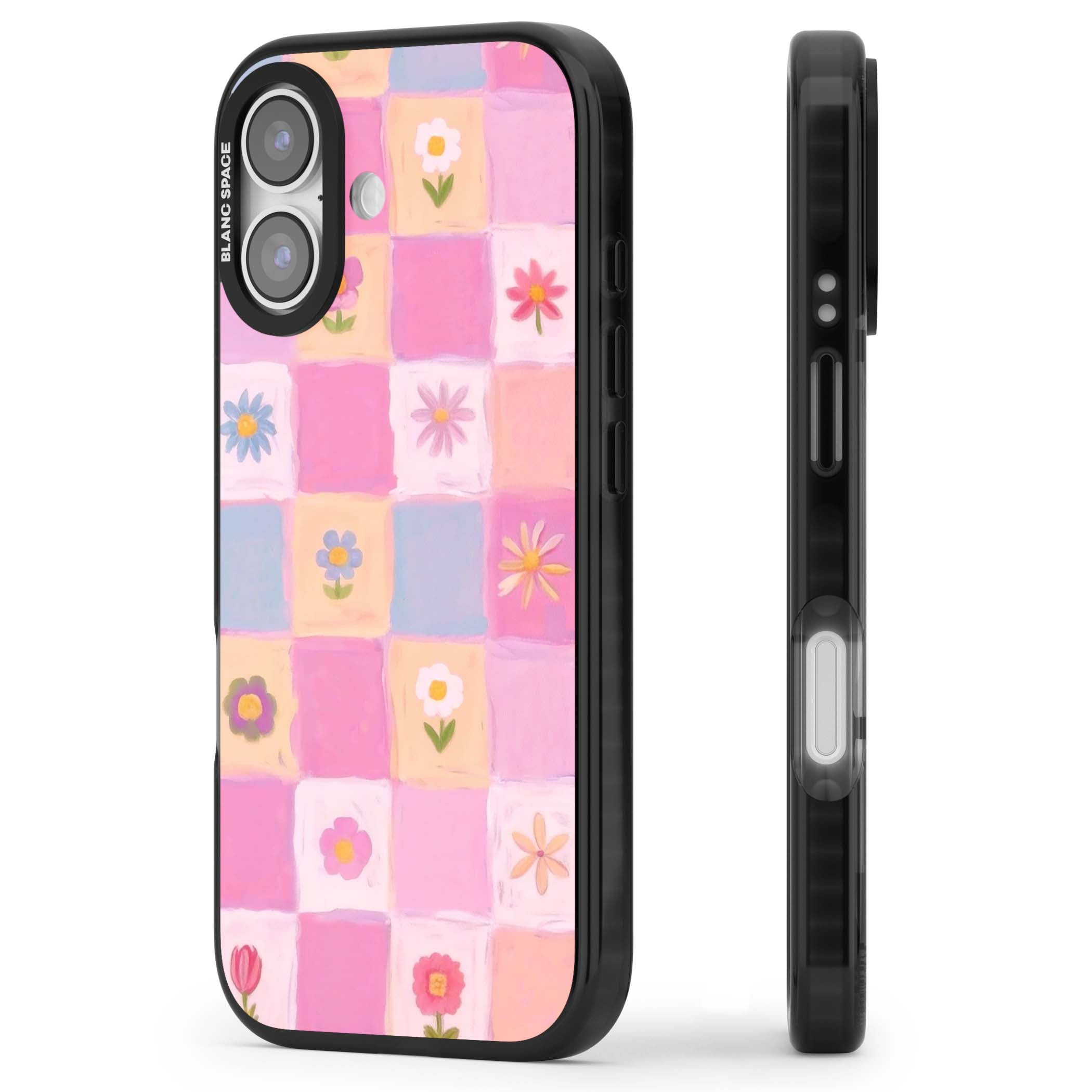 Pastel Flower Patchwork cottagecore iPhone case featuring painted pink and lilac squares with daisies and wildflowers | Black Impact Magsafe case for iPhone 17