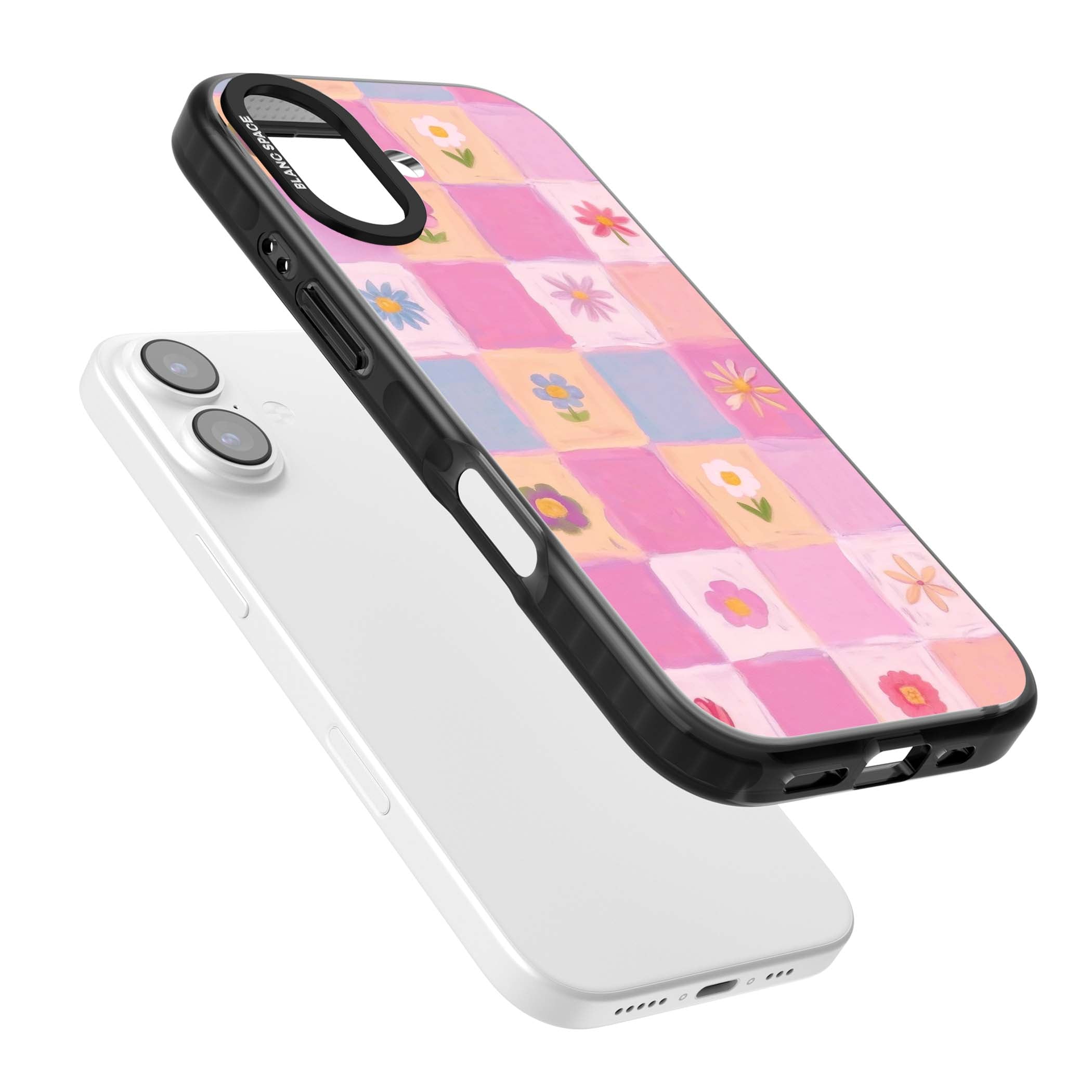 Pastel Flower Patchwork cottagecore iPhone case featuring painted pink and lilac squares with daisies and wildflowers | Black Impact Magsafe case for iPhone 17
