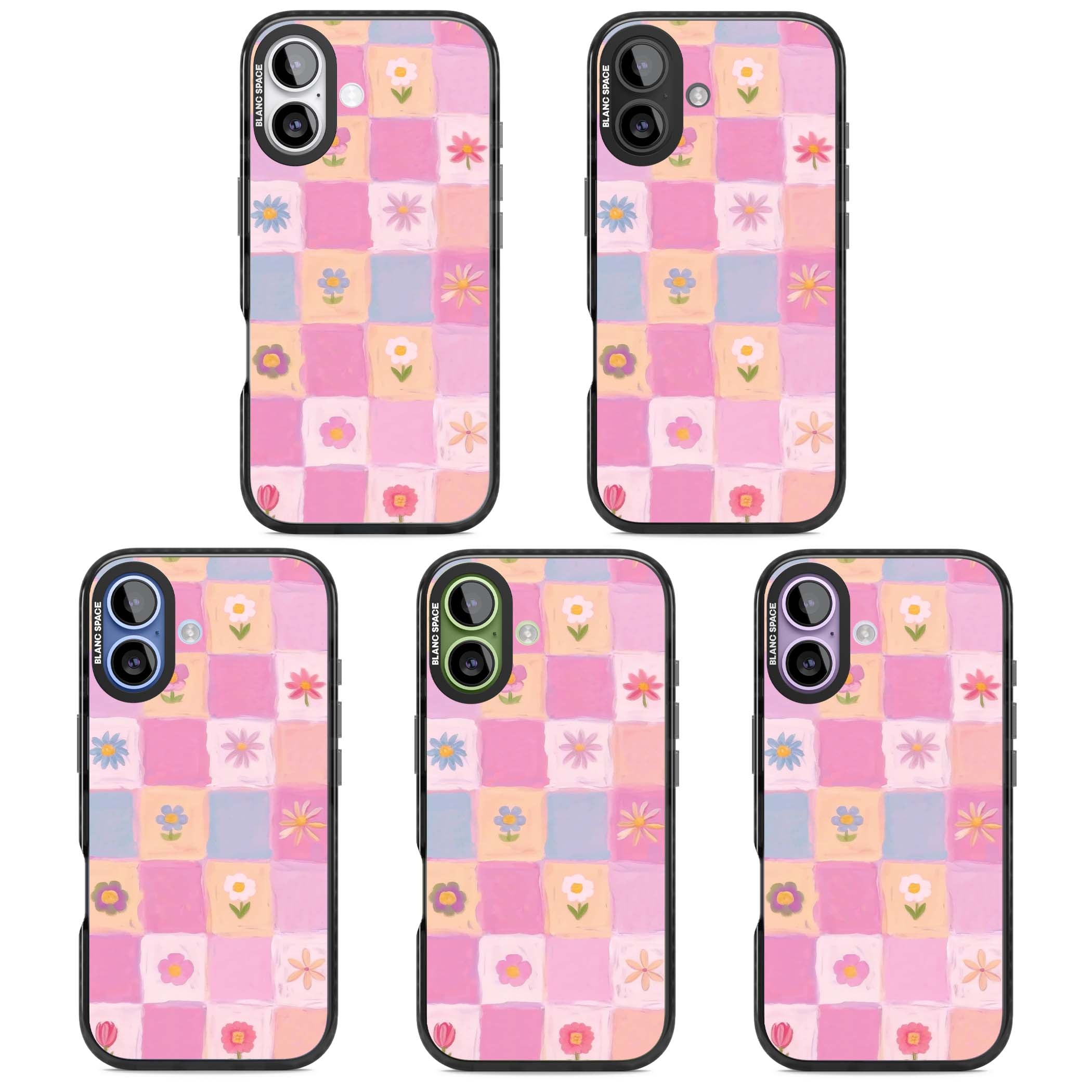 Pastel Flower Patchwork cottagecore iPhone case featuring painted pink and lilac squares with daisies and wildflowers | Black Impact Magsafe case for iPhone 17