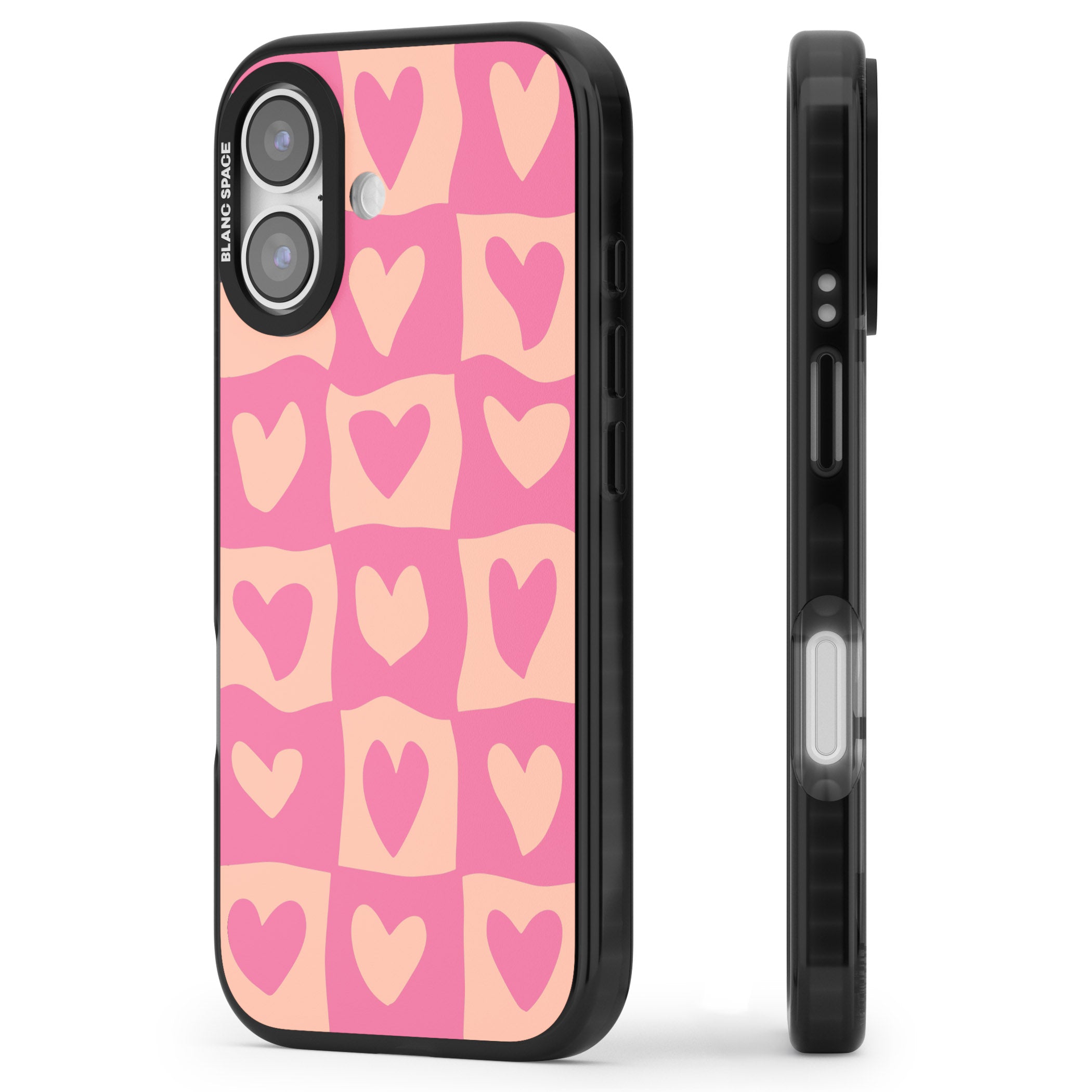 Pink Wavy Checked Hearts iPhone 17 Impact Pro Black Phone Case Side Profile