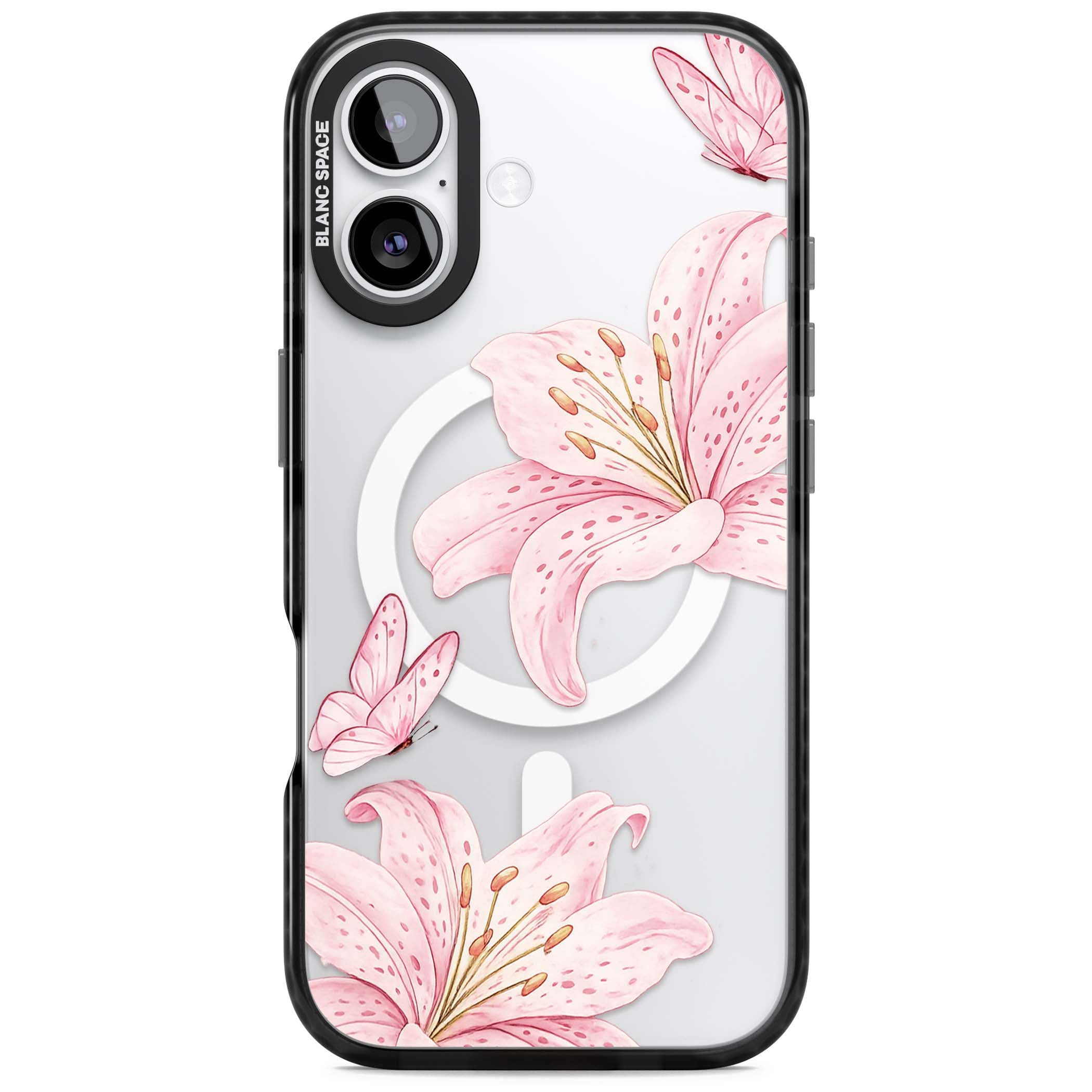 Lily Whisper floral iPhone case featuring pink watercolour lilies and delicate butterflies on a clear background | Black Impact Magsafe case for iPhone 17