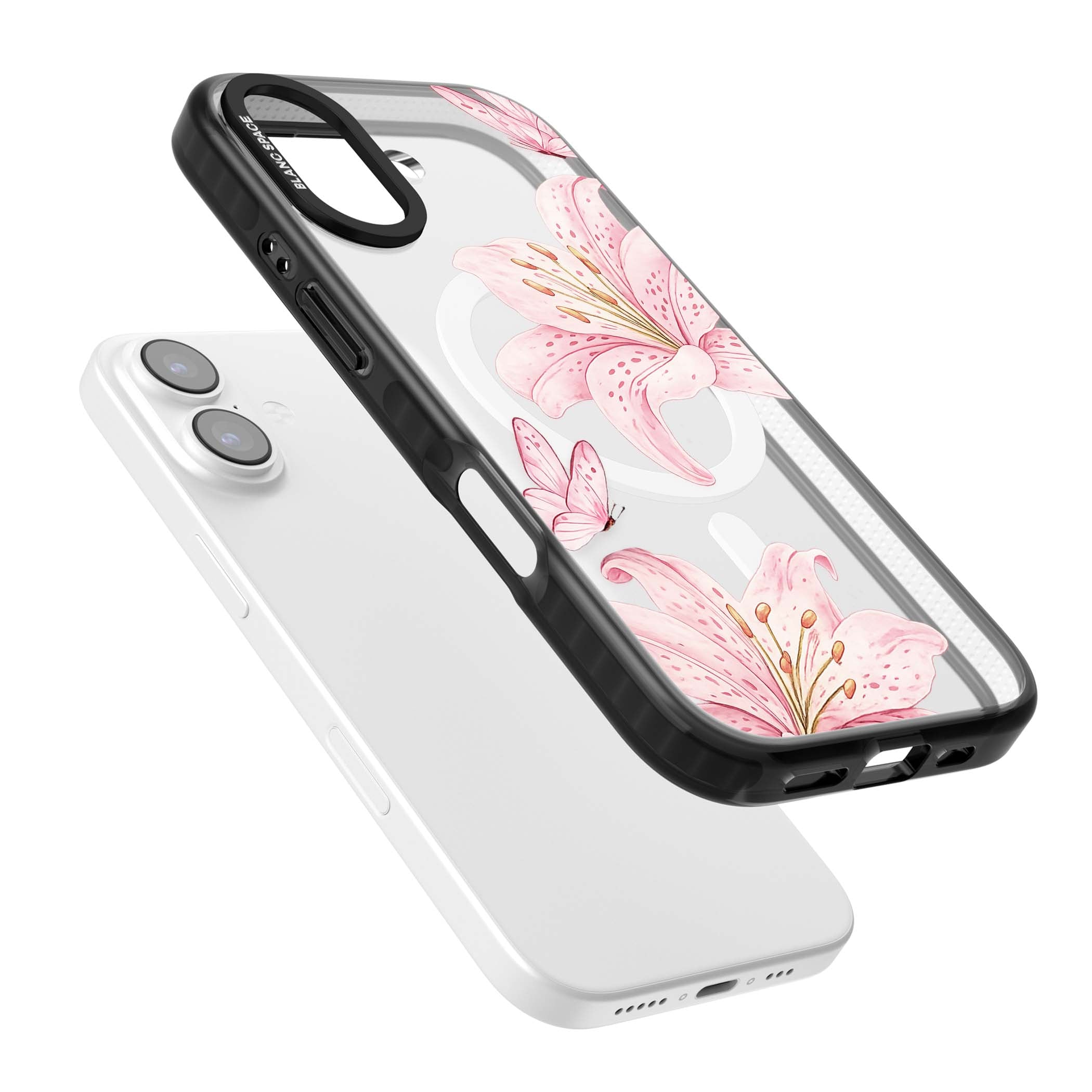 Lily Whisper floral iPhone case featuring pink watercolour lilies and delicate butterflies on a clear background | Black Impact Magsafe case for iPhone 17
