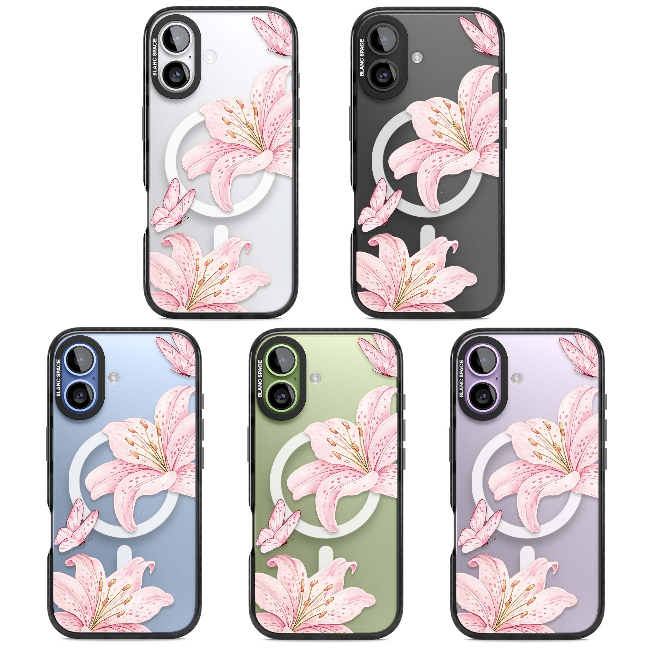Lily Whisper floral iPhone case featuring pink watercolour lilies and delicate butterflies on a clear background | Black Impact Magsafe case for iPhone 17