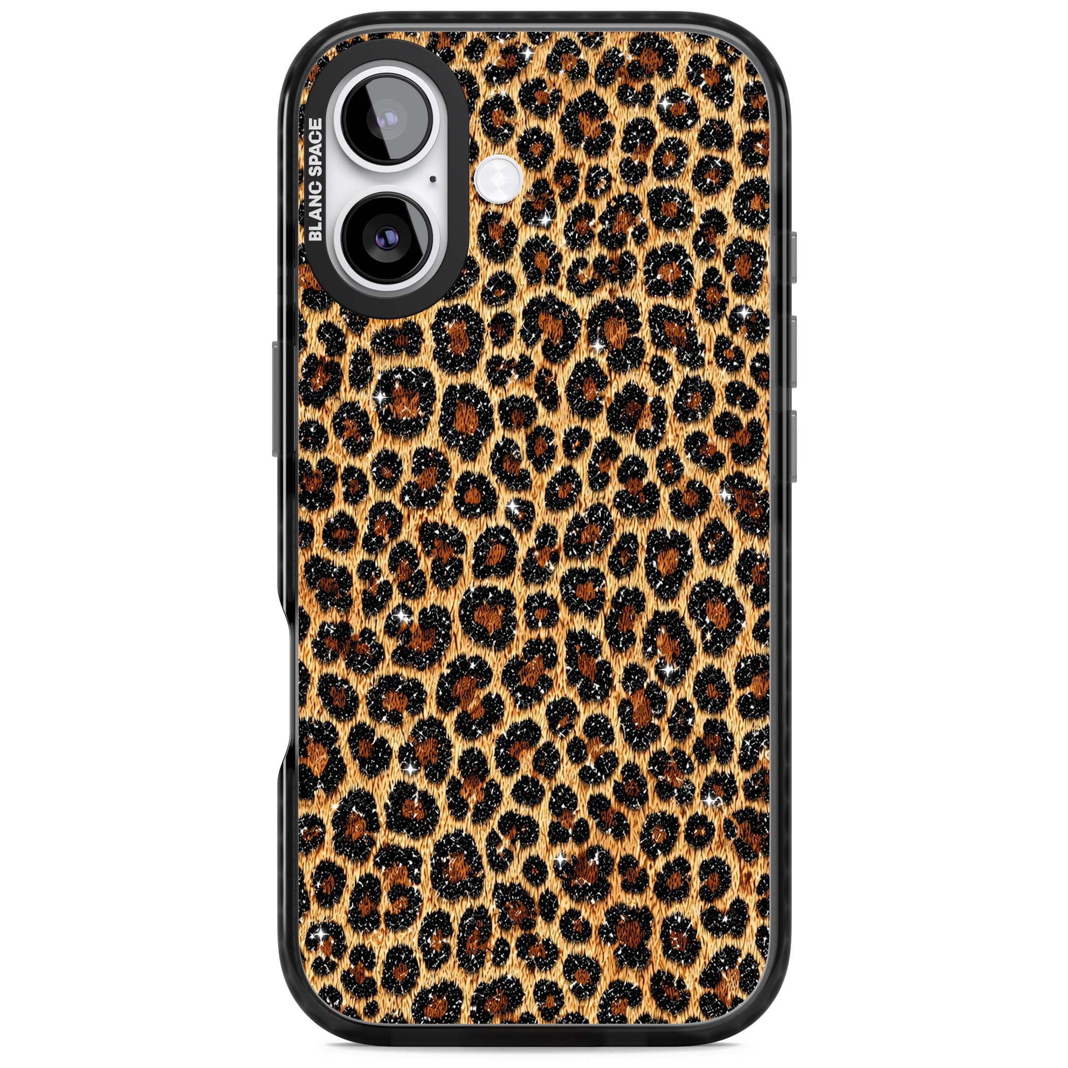 Diamond Leopard leopard print iPhone case featuring golden tan fur, black rosette spots and subtle glitter sparkle | Black Impact Magsafe case for iPhone 17
