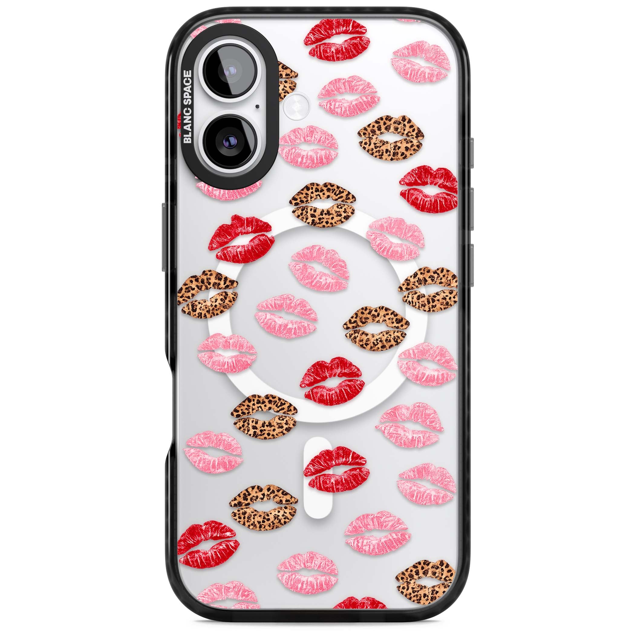 Wild Kisses coquette iPhone case featuring red, pink and leopard print lipstick kiss marks on a clear background | Black Impact Magsafe case for iPhone 17