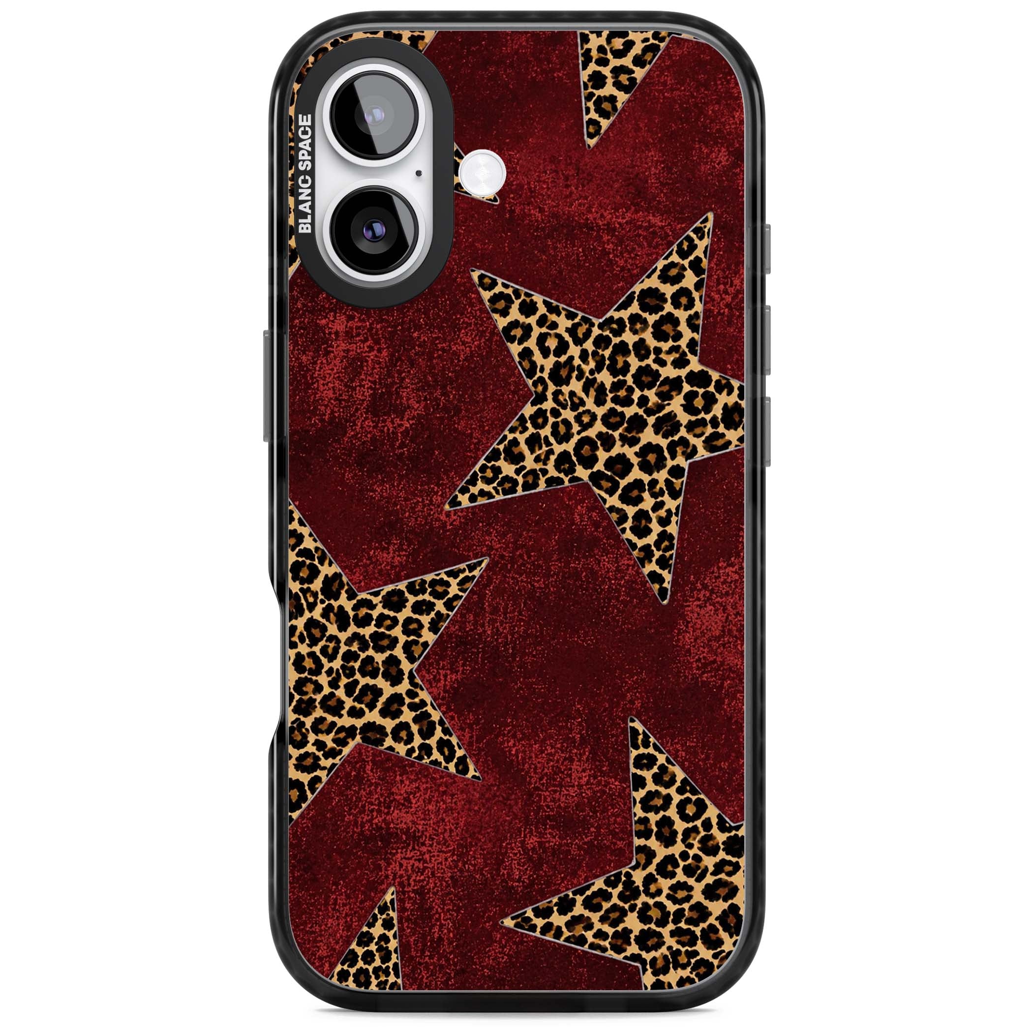 Showgirl leopard print iPhone case featuring cheetah print stars on distressed red grunge background | Black Impact Magsafe case for iPhone 17