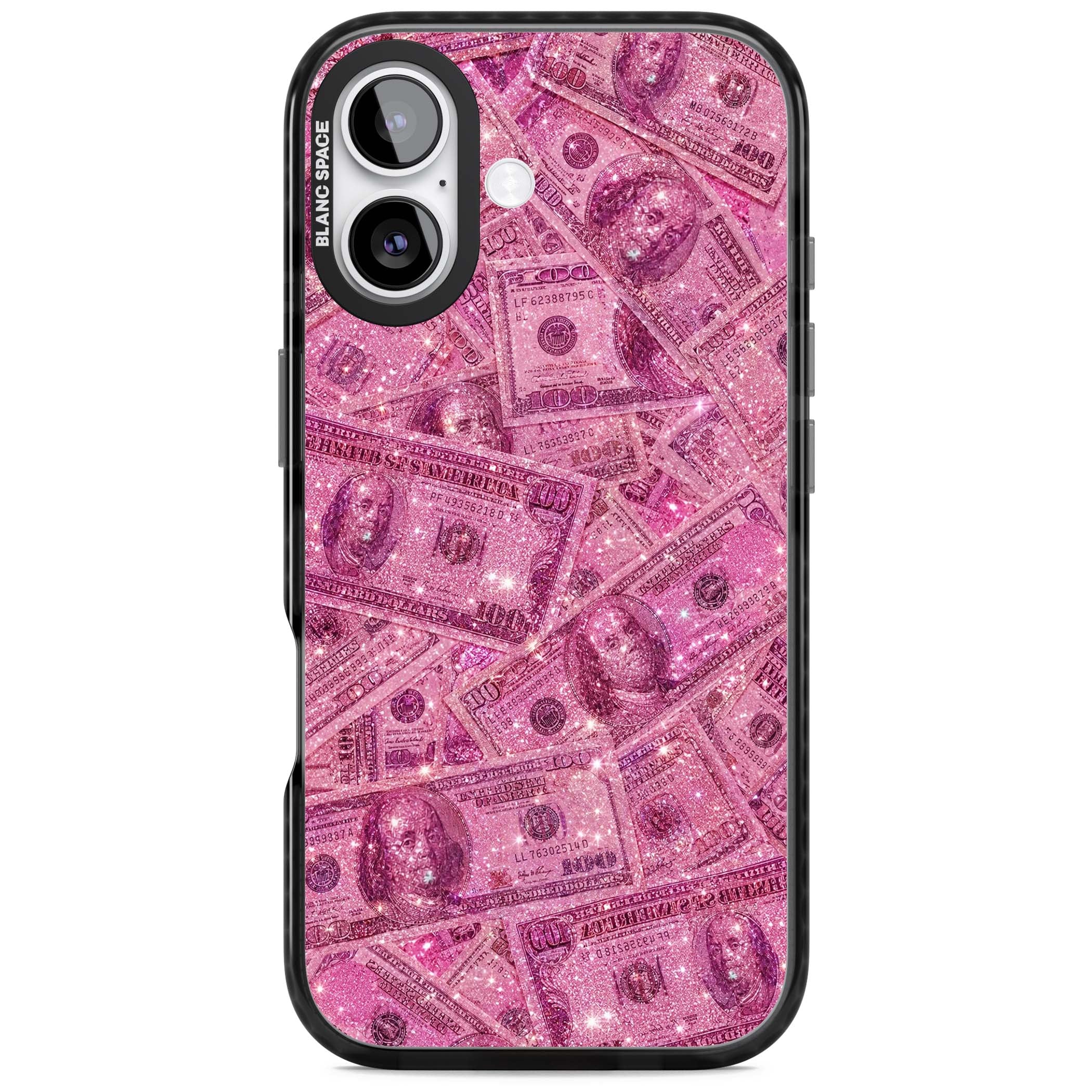Glamorous baddie iPhone case featuring pink glitter hundred dollar bills and sparkling money wallpaper design | Black Impact Magsafe case for iPhone 17