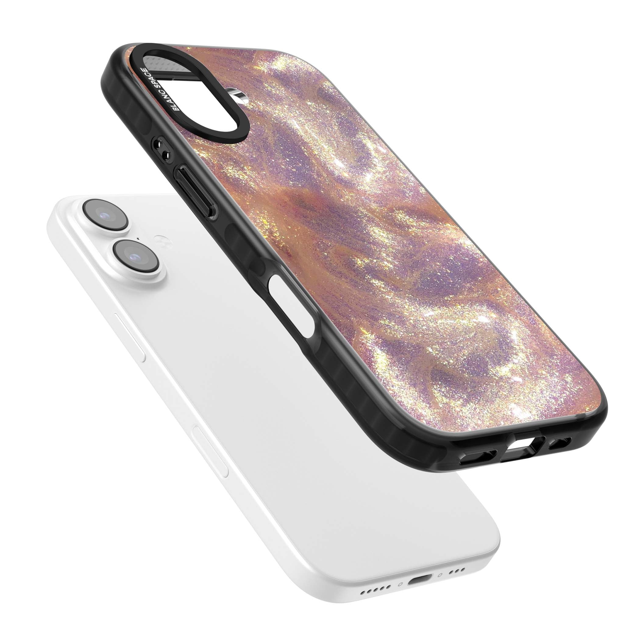 Shimmer marble iPhone case featuring rose gold glitter swirls, lilac shimmer and iridescent pearl finish | Black Impact Magsafe case for iPhone 17