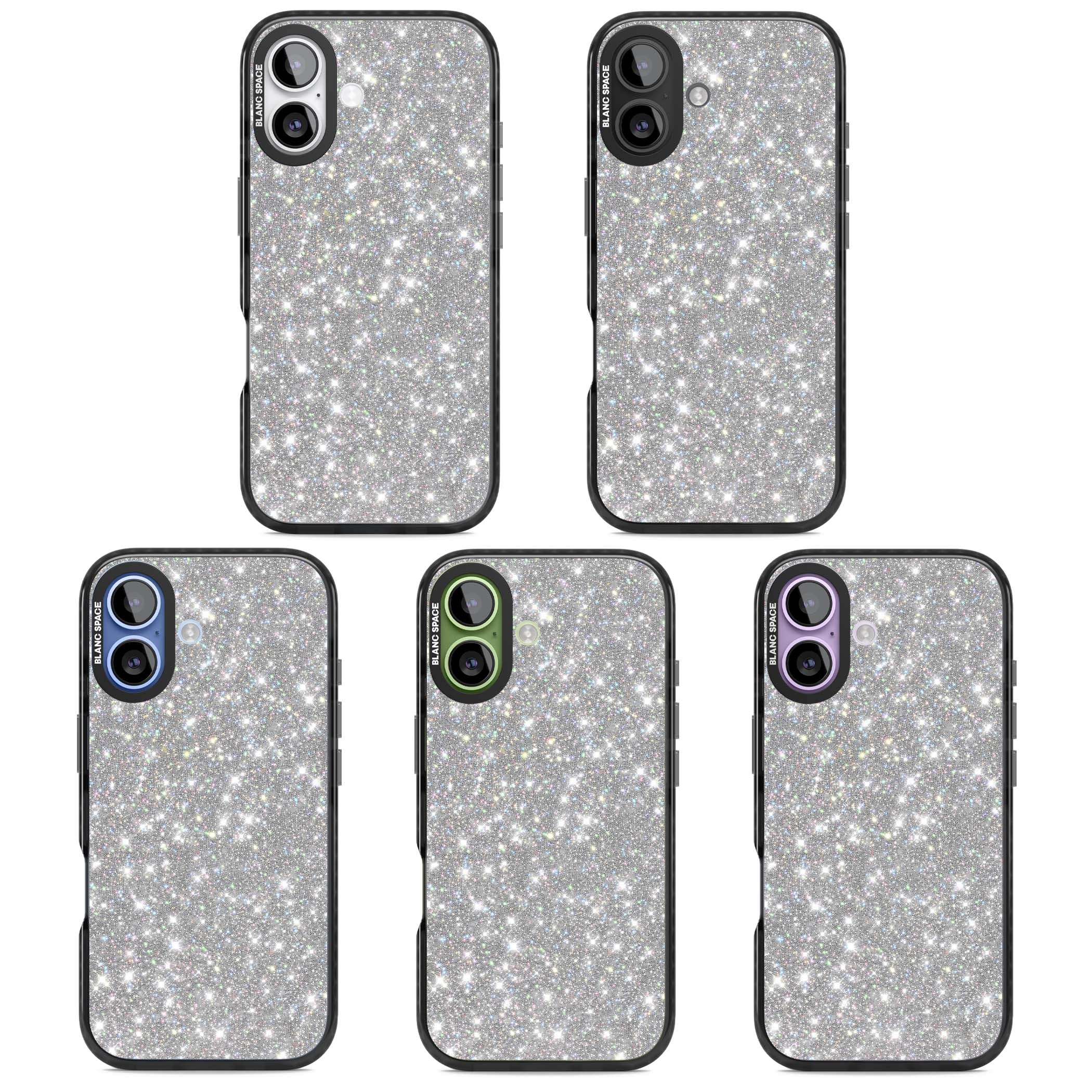 Diamond glam iPhone case featuring silver glitter sparkle and shimmering diamond dust effect | Black Impact Magsafe case for iPhone 17