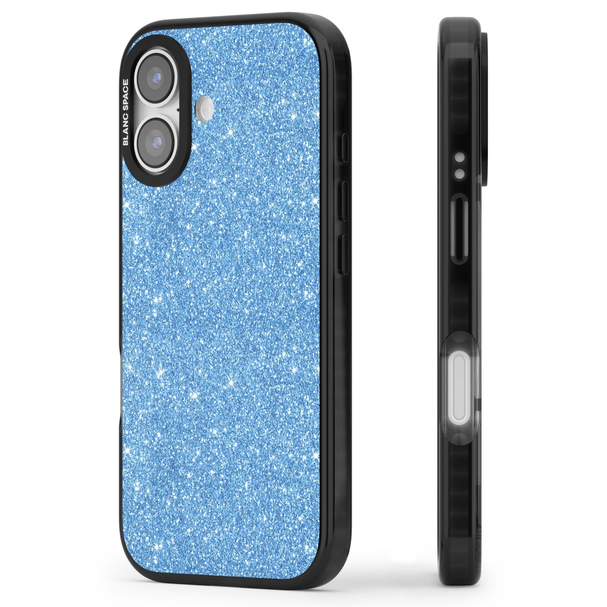 Blue Glitter blue glitter iPhone case featuring dense sparkling cerulean glitter with a glamorous shimmering finish | Black Impact Magsafe case for iPhone 17