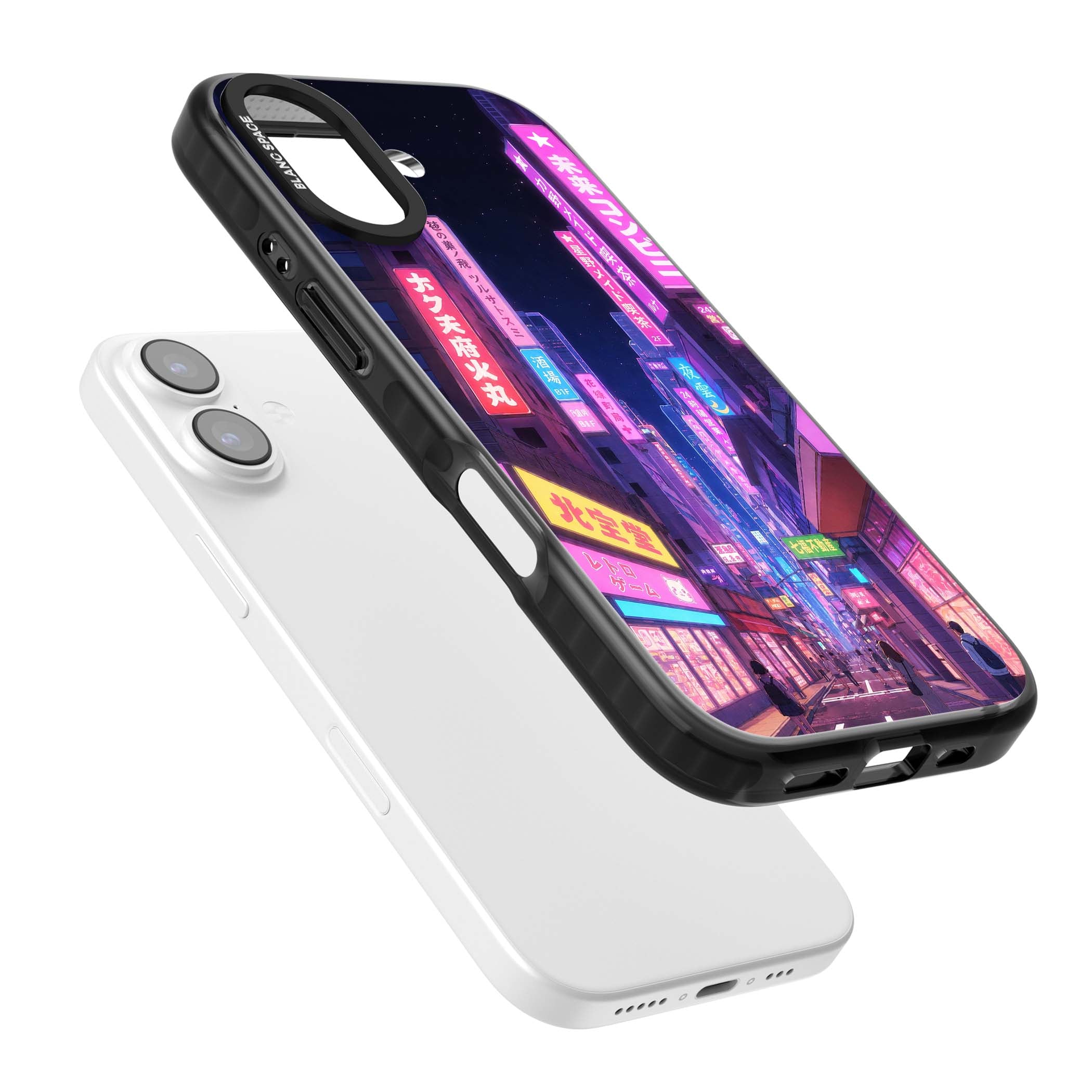 Shibuya At Night Japanese neon city iPhone case featuring glowing kanji signs, pink storefronts and a Tokyo street at n | Black Impact Magsafe case for iPhone 17