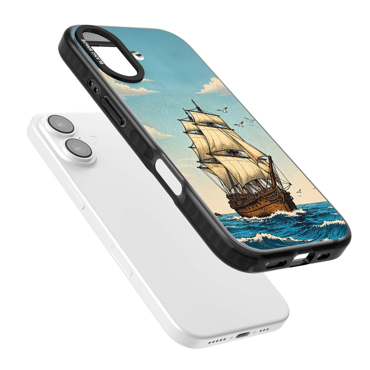 Ship at Sea nautical iPhone case featuring a vintage tall ship, ocean waves and seagulls | Black Impact Magsafe case for iPhone 17