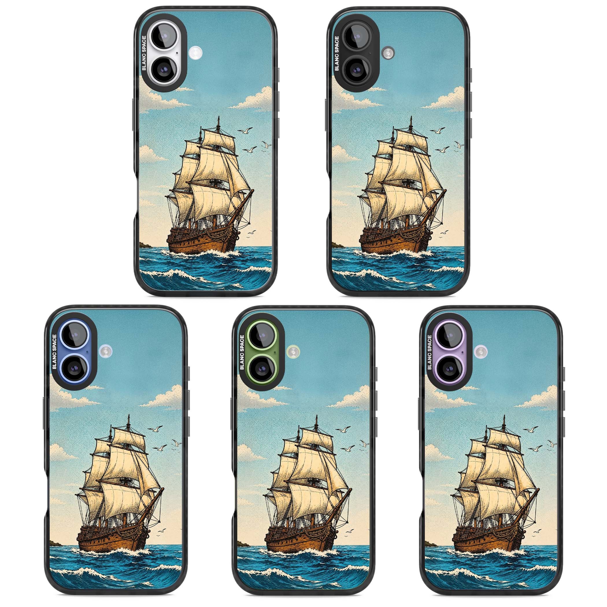 Ship at Sea nautical iPhone case featuring a vintage tall ship, ocean waves and seagulls | Black Impact Magsafe case for iPhone 17