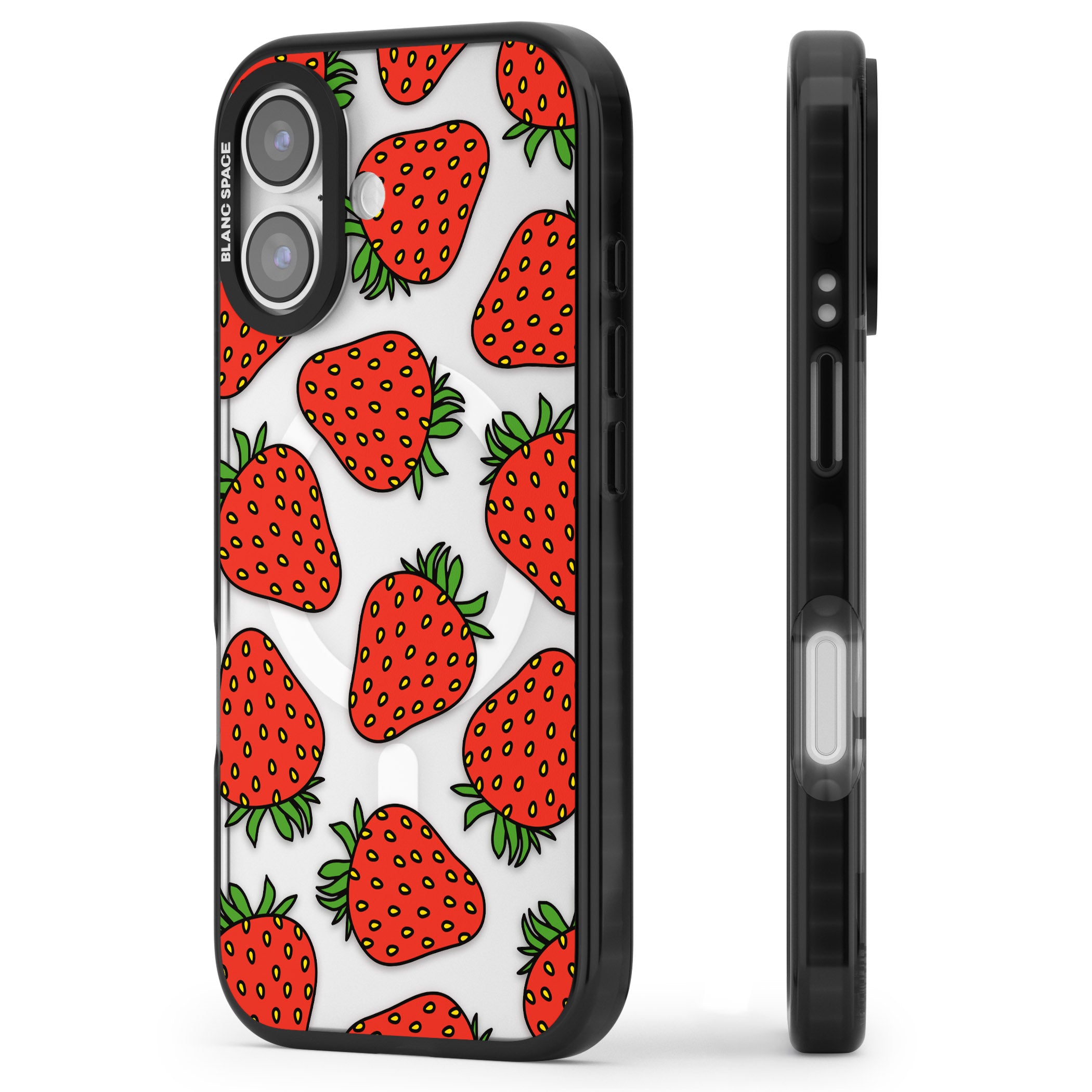 Strawberry Pattern iPhone 17 Impact Pro Black Phone Case Side Profile