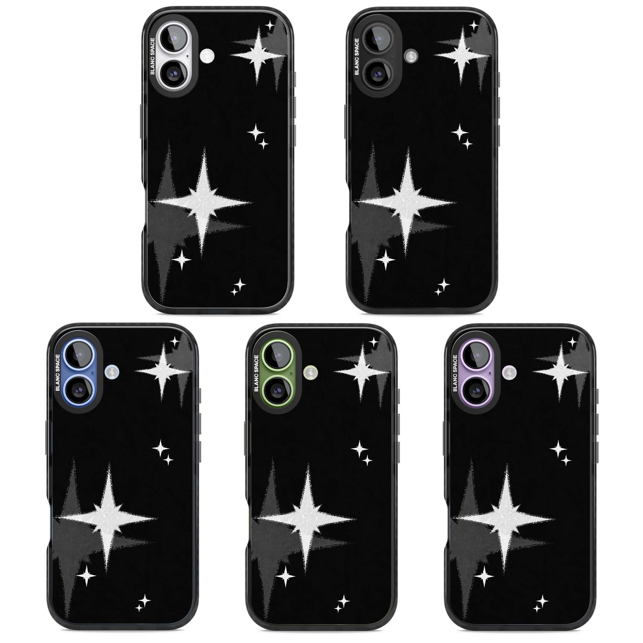 Black Sparkle celestial iPhone case featuring white sparkle stars on a black night sky background | Black Impact Magsafe case for iPhone 17