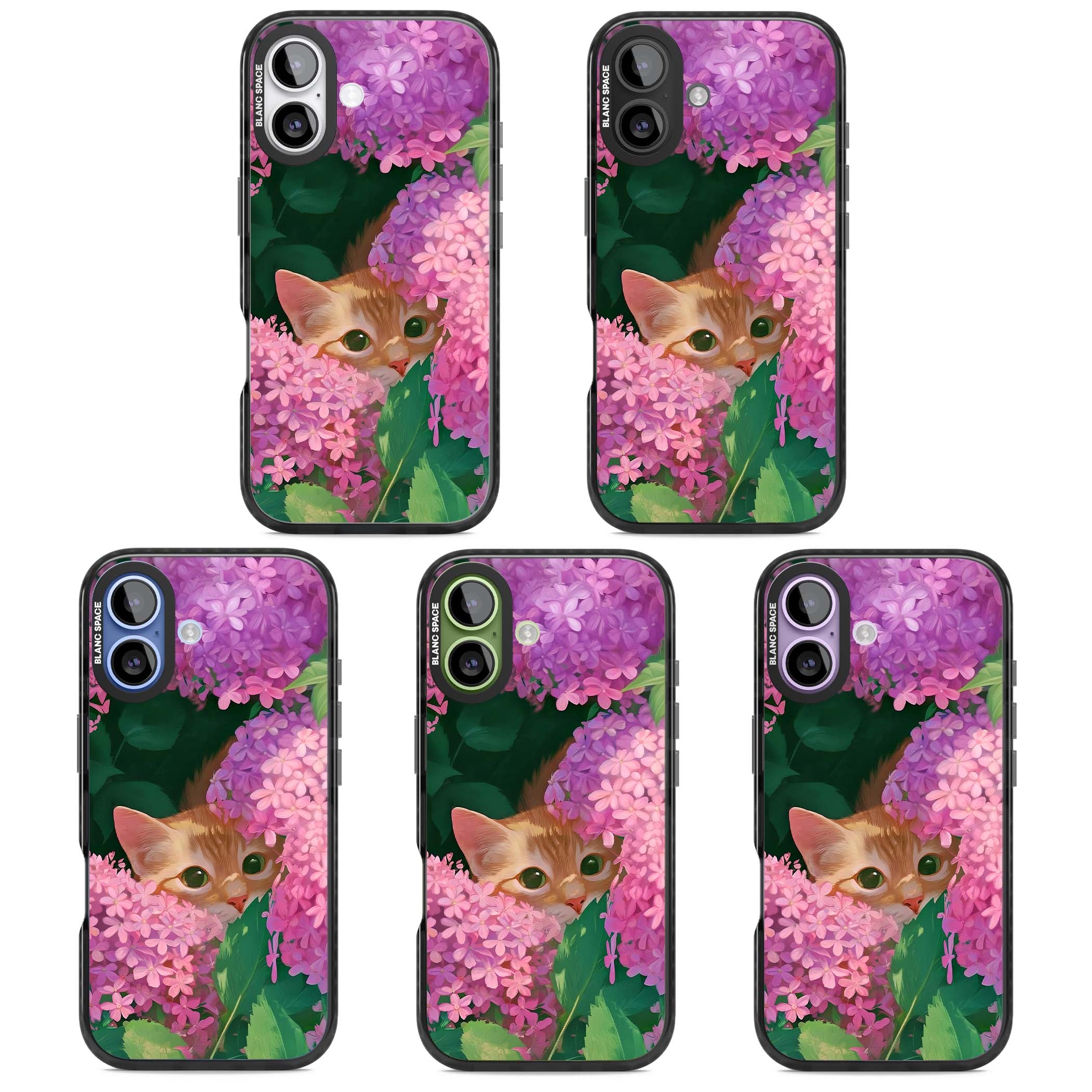 Cat In Pink Flowers cottagecore iPhone case featuring a ginger kitten peeking through lilac and pink hydrangea flo | Black Impact Magsafe case for iPhone 17