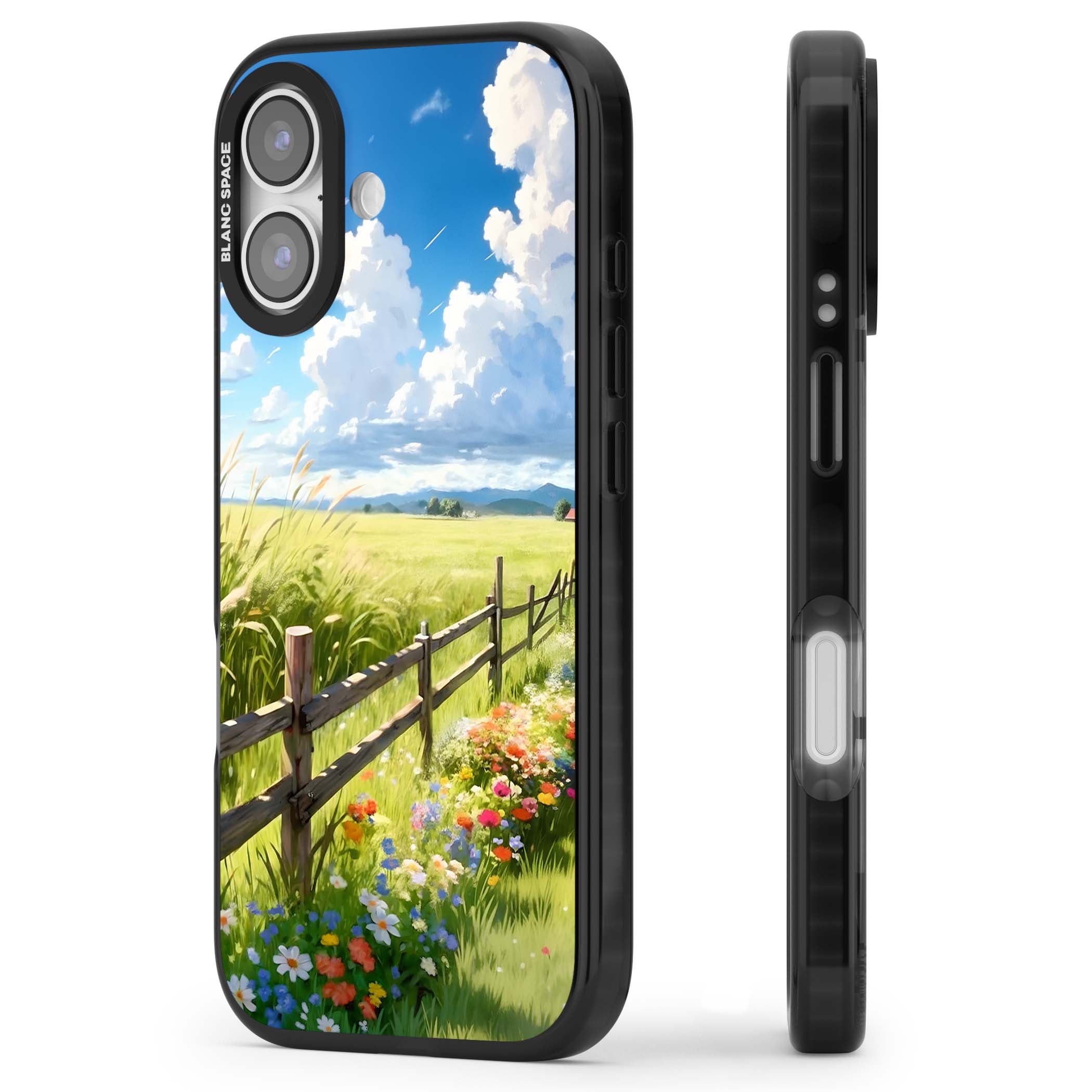 A Countryside Afternoon cottagecore iPhone case featuring a painted countryside meadow, wooden fence, and wildflowers beneath | Black Impact Magsafe case for iPhone 17