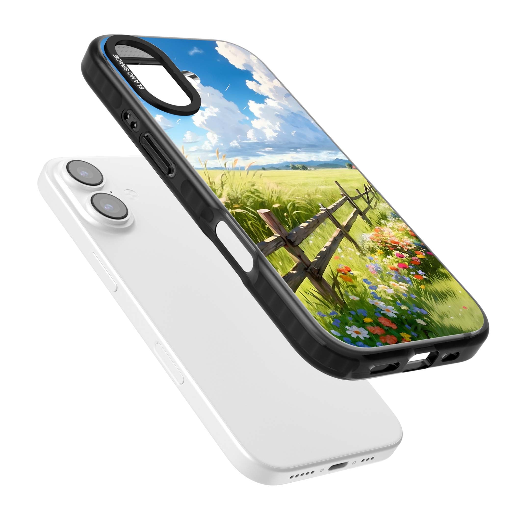 A Countryside Afternoon cottagecore iPhone case featuring a painted countryside meadow, wooden fence, and wildflowers beneath | Black Impact Magsafe case for iPhone 17