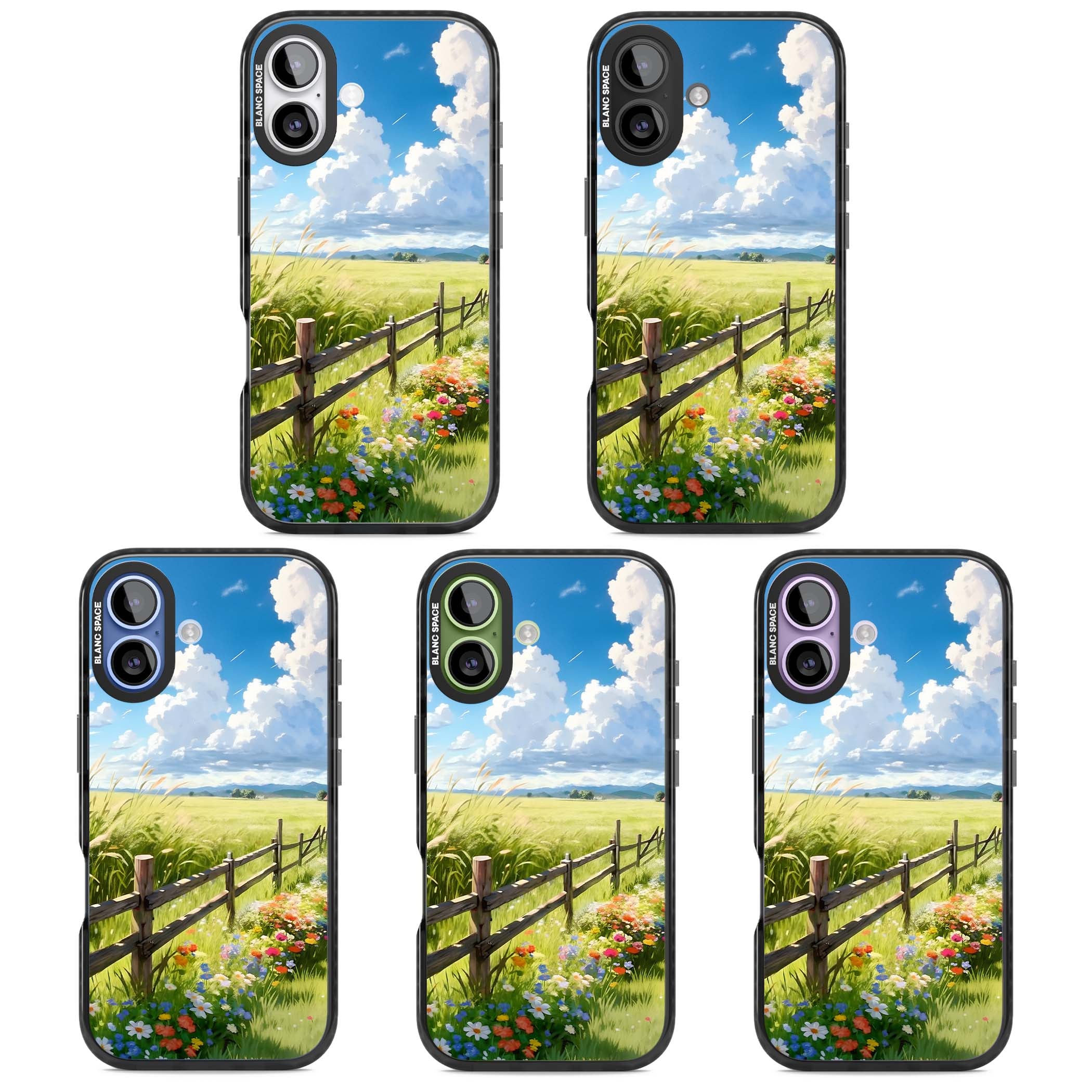 A Countryside Afternoon cottagecore iPhone case featuring a painted countryside meadow, wooden fence, and wildflowers beneath | Black Impact Magsafe case for iPhone 17