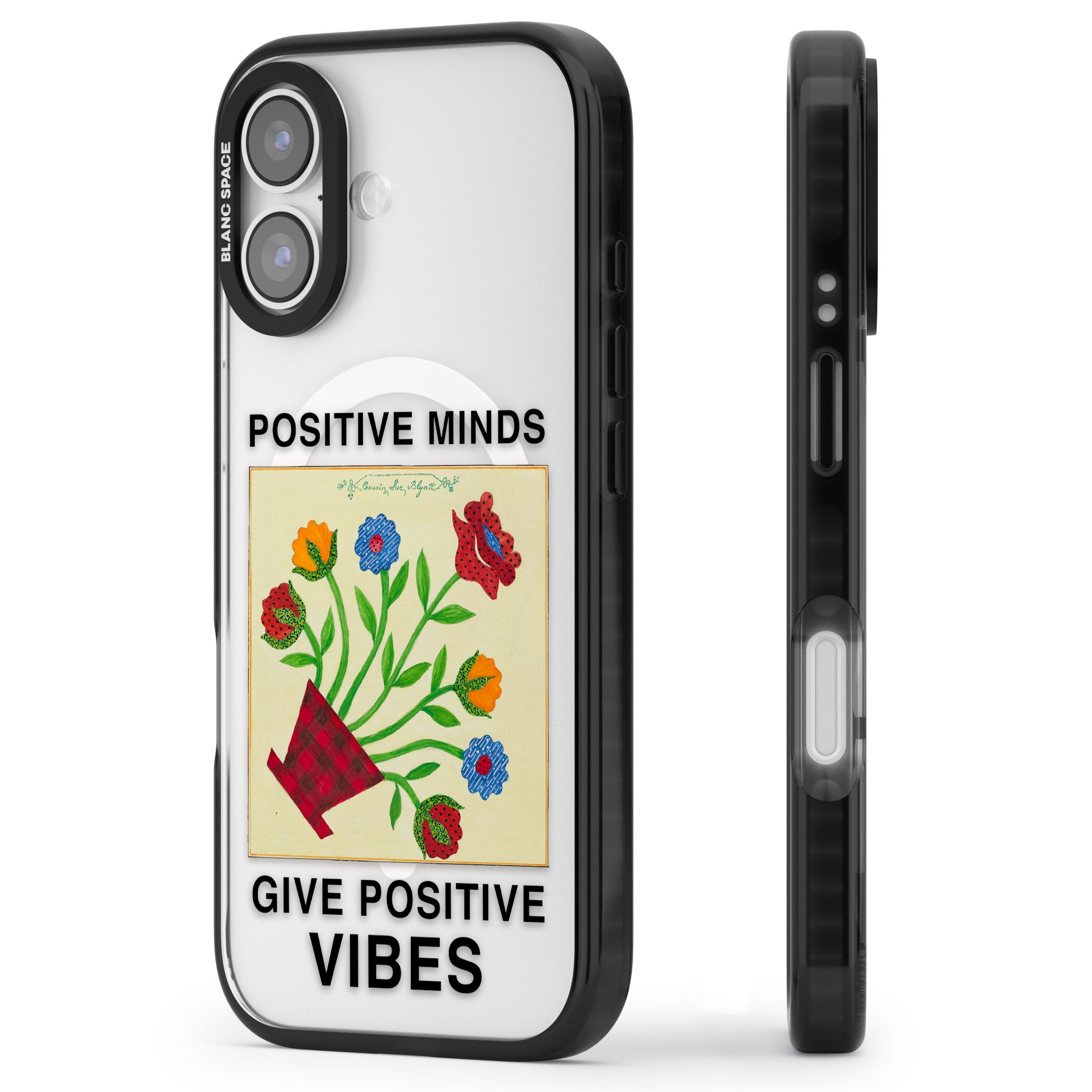 Positive Minds Give Positive Vibes iPhone 17 Impact Pro Black Phone Case Side Profile