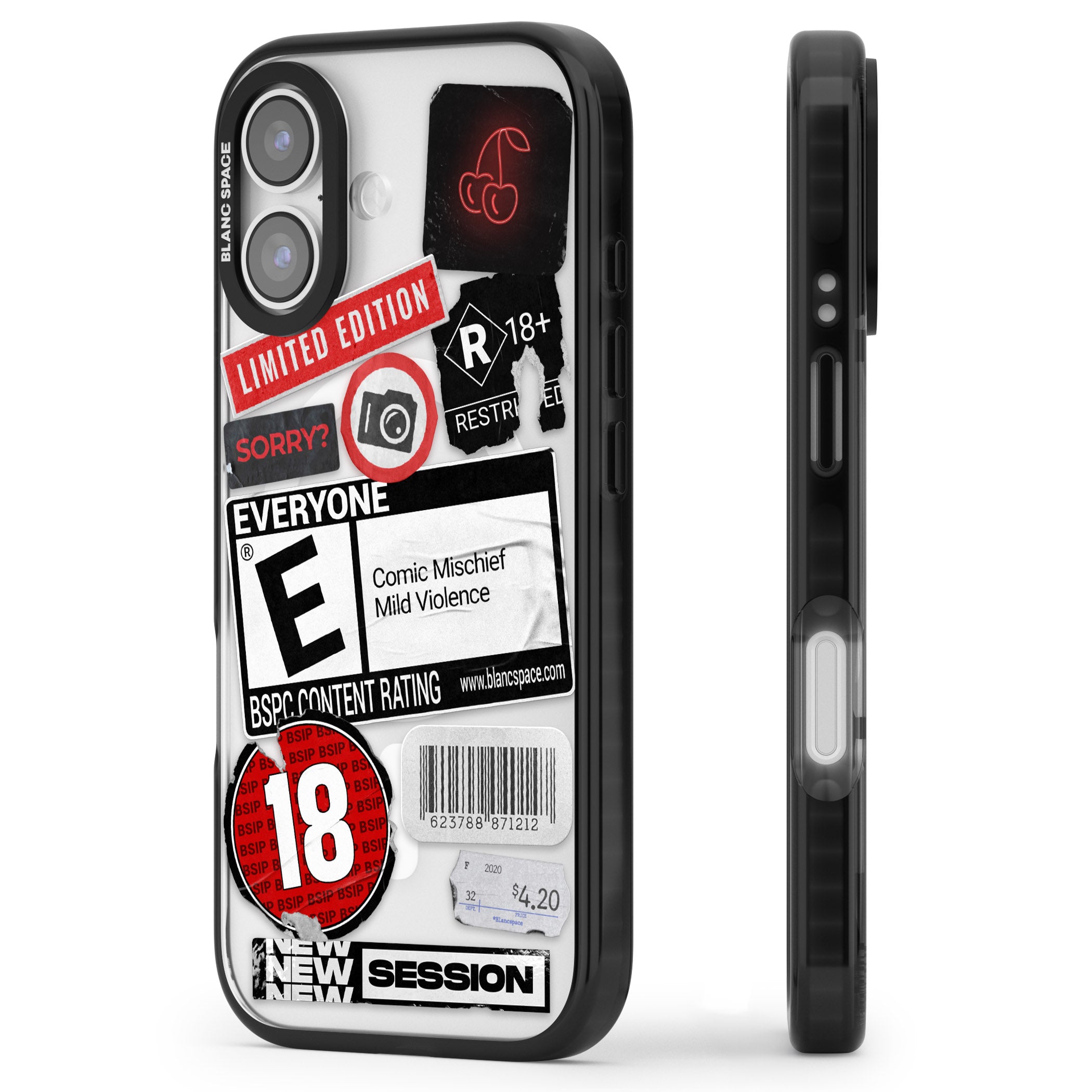 Rated 18+ Sticker Mix iPhone 17 Impact Pro Black Phone Case Side Profile