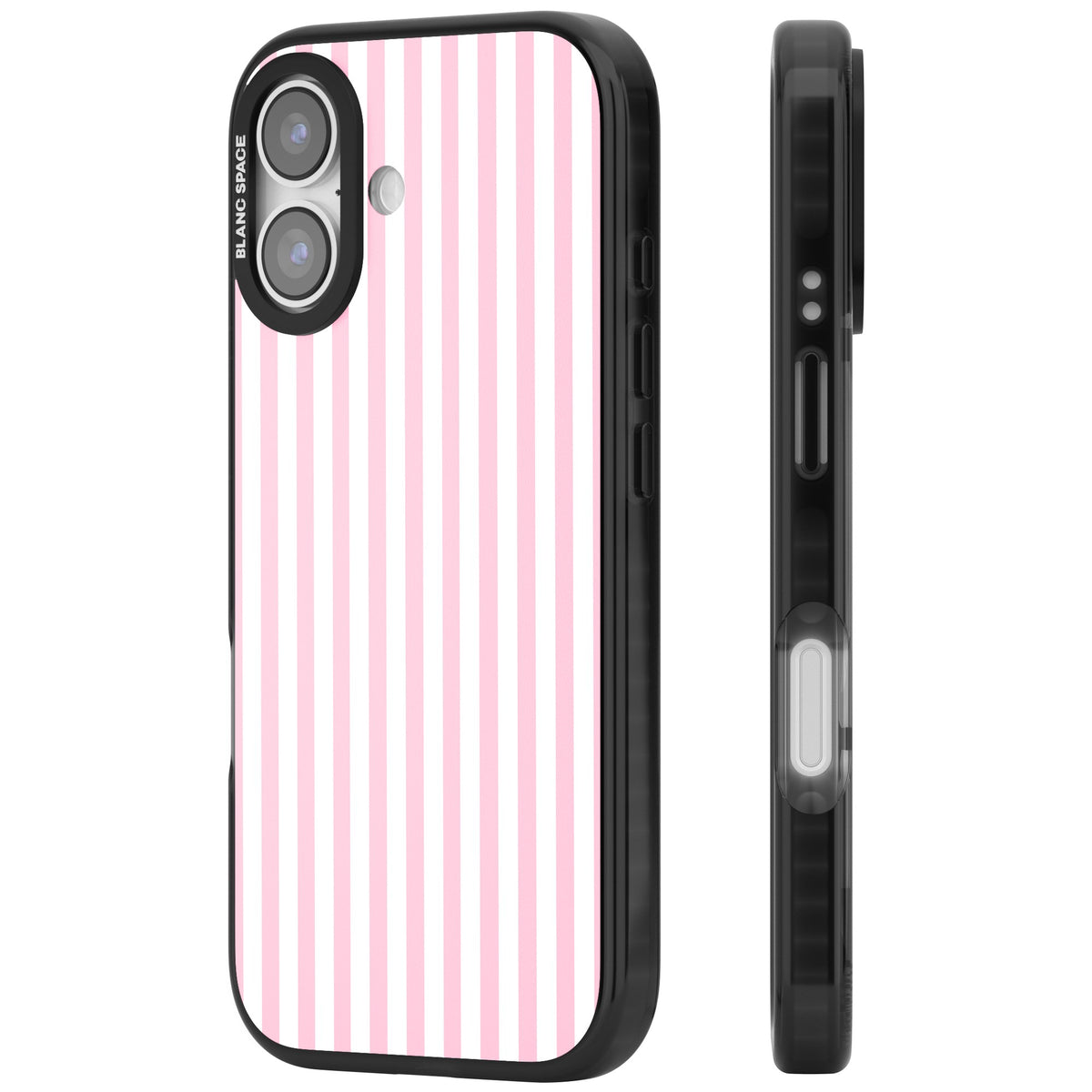 Pink Stripe preppy iPhone case featuring soft pastel pink and white vertical candy stripes iPhone 16 / iPhone 16 Plus / iPhone 17 Impact Pro Black Phone Case side