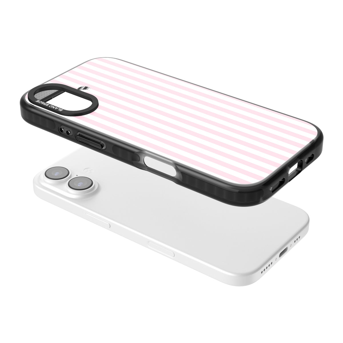 Pink Stripe preppy iPhone case featuring soft pastel pink and white vertical candy stripes iPhone 16 / iPhone 16 Plus / iPhone 17 Impact Pro Black Phone Case angled