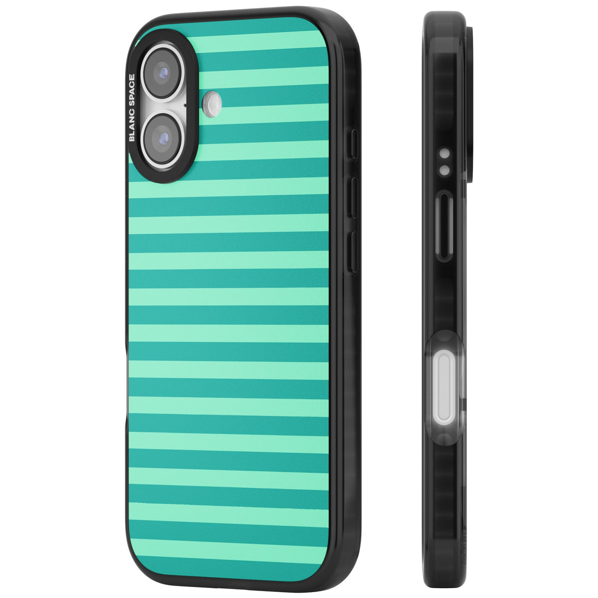 Turquoise Stripe preppy iPhone case featuring horizontal teal and mint green stripes on a black protective frame iPhone 16 / iPhone 16 Plus / iPhone 17 Impact Pro Black Phone Case side
