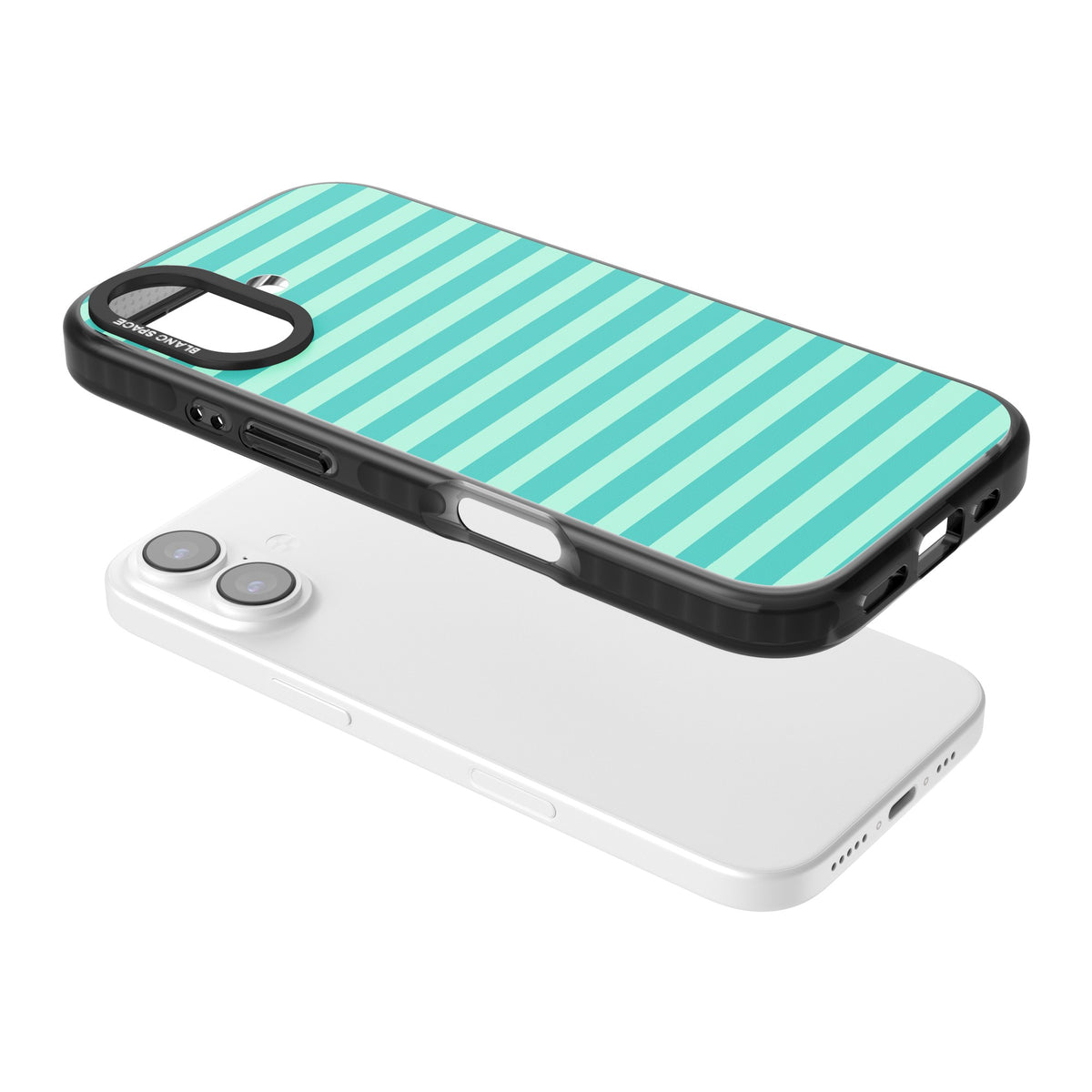 Turquoise Stripe preppy iPhone case featuring horizontal teal and mint green stripes on a black protective frame iPhone 16 / iPhone 16 Plus / iPhone 17 Impact Pro Black Phone Case angled