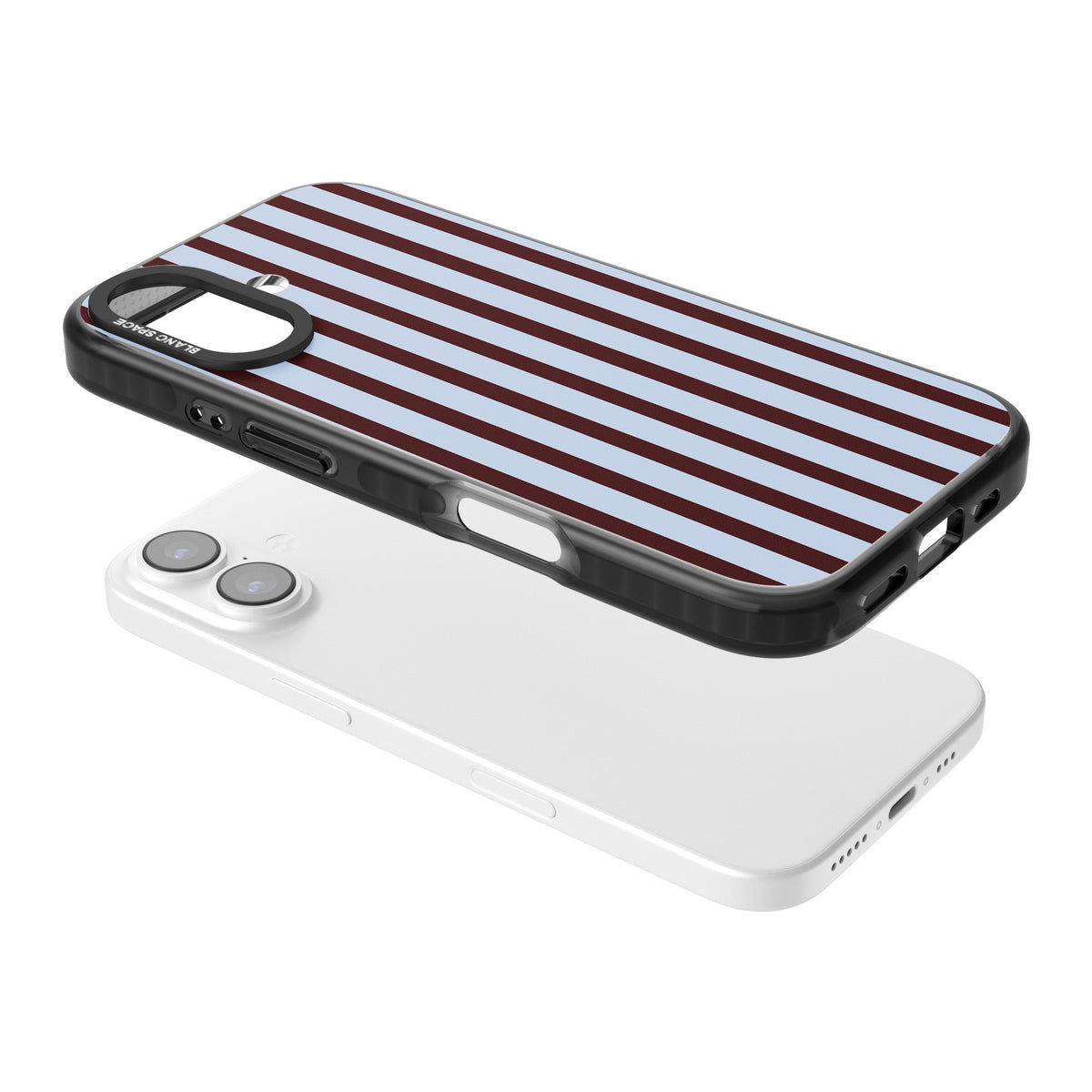 Blackcurrant Stripe preppy iPhone case featuring vertical burgundy and light blue stripes in a classic pinstripe layout iPhone 16 / iPhone 16 Plus / iPhone 17 Impact Pro Black Phone Case angled