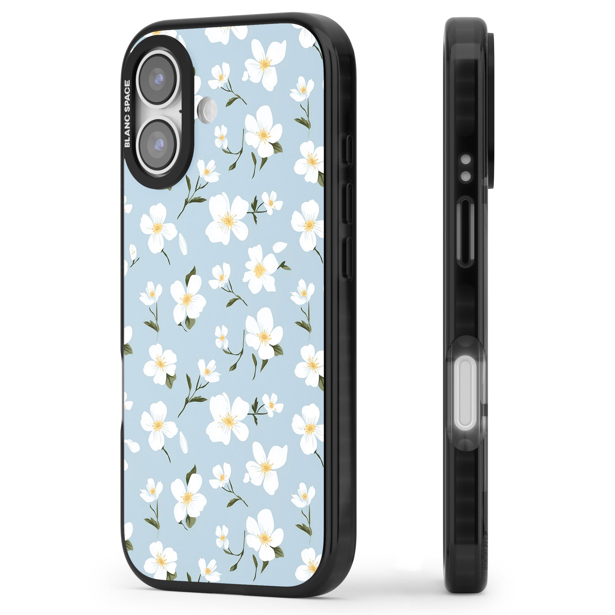Soft White Blossoms iPhone 17 Impact Pro Black Phone Case Side Profile