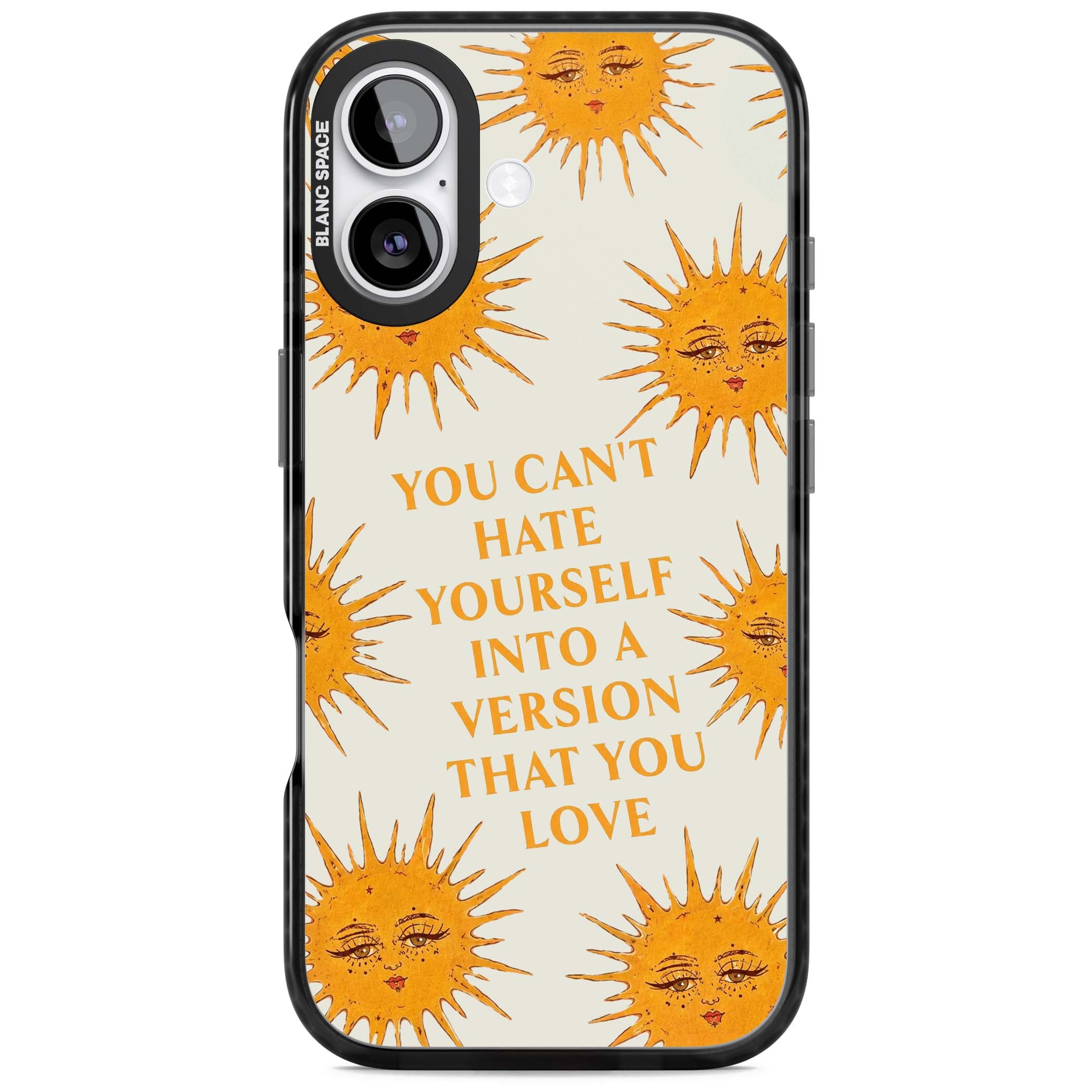 Don't Hate Yourself celestial iPhone case featuring vintage sun faces, ochre rays and a self-love quote | Black Impact Magsafe case for iPhone 17